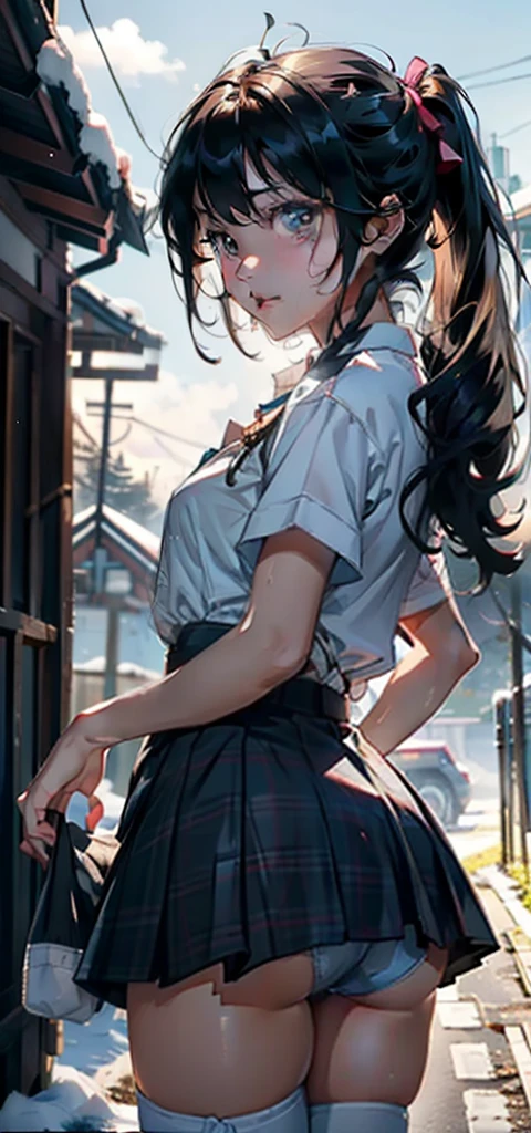 1womanl,,Bitgirl,Super adorable,smallunderboob,Exposure, 独奏,(Background with:On the hill,coniferous forest,at winter season,Snow on the ground,outside of house) Feel free to hairstyle,stride,Sweat profusely,Drenched all over the body,Seen from the front,Long Black Hair , Mostly cloudy sky,(((tmasterpiece),(Very detailed CG Unity 8K wallpaper),best qualtiy,cinmatic lighting,细致Background with,beatiful detailed eyes,Bright pupils,(Very fine and beautiful),(Beautiful and detailed eyes description),ultra - detailed,tmasterpiece,)),face to the viewer,frontage,hight resolution,ultra - detailed)nakeness,Wipe off panties,Revealing breasts,Genital only, Bulge,Camel toes,Raised sexy,lewd expression,flushed complexion,bocchi,frontage,,(Wearing:Kindergarten Uniforms)