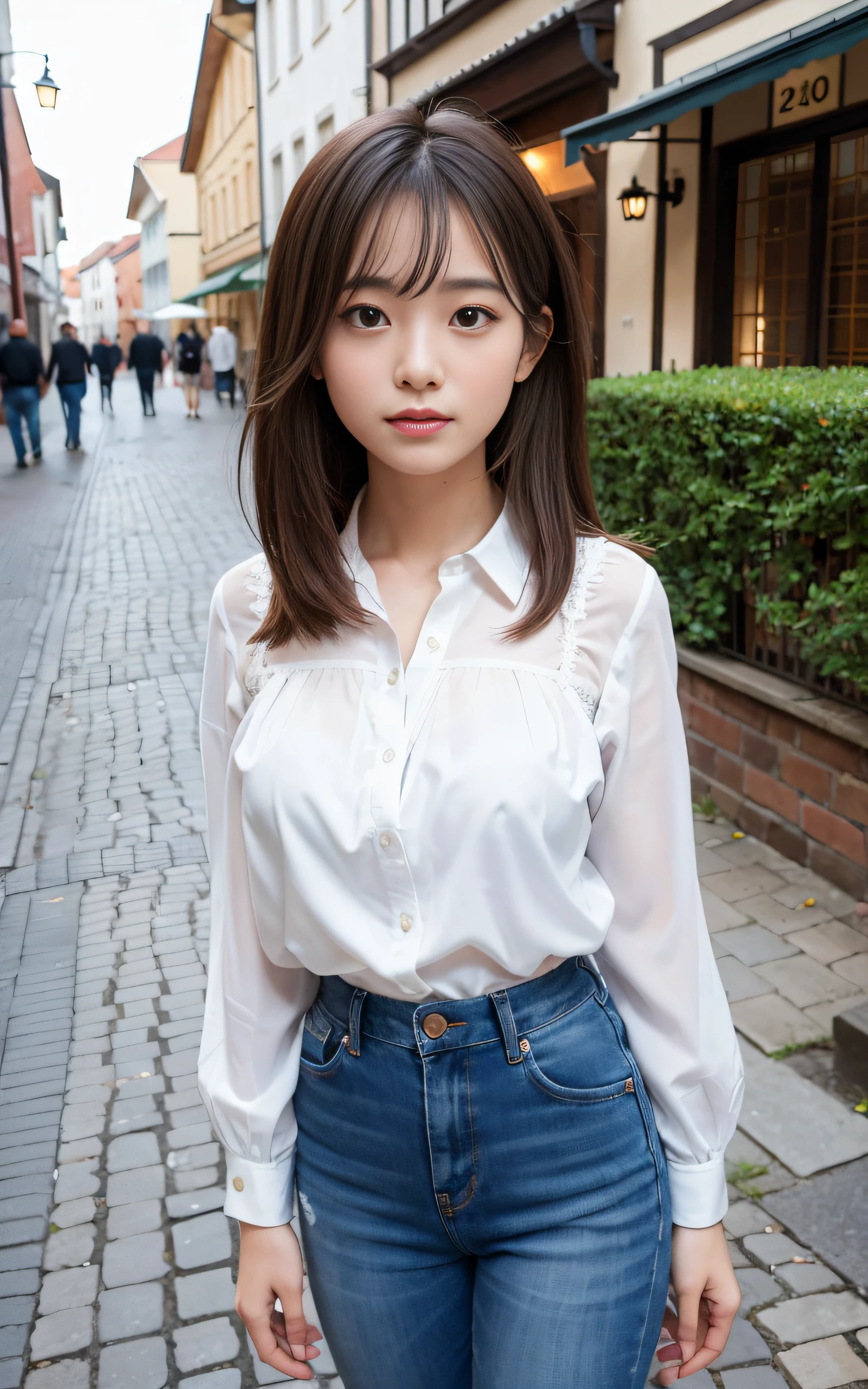 ((Best Quality, 8K, masutepiece: 1.3)), (Sharp Focus: 1.2), 1 girl, Neat and clean beauty, , Japanese, Classy and elegant, A pretty girl with perfect figure, Cute, Shy, ((Medium hair swaying in the wind)), Big breasts, (Blouse: 1.1), Pants, Highly detailed face and skin texture, Detailed eyes, Charming European cobblestone streets of a historic town,