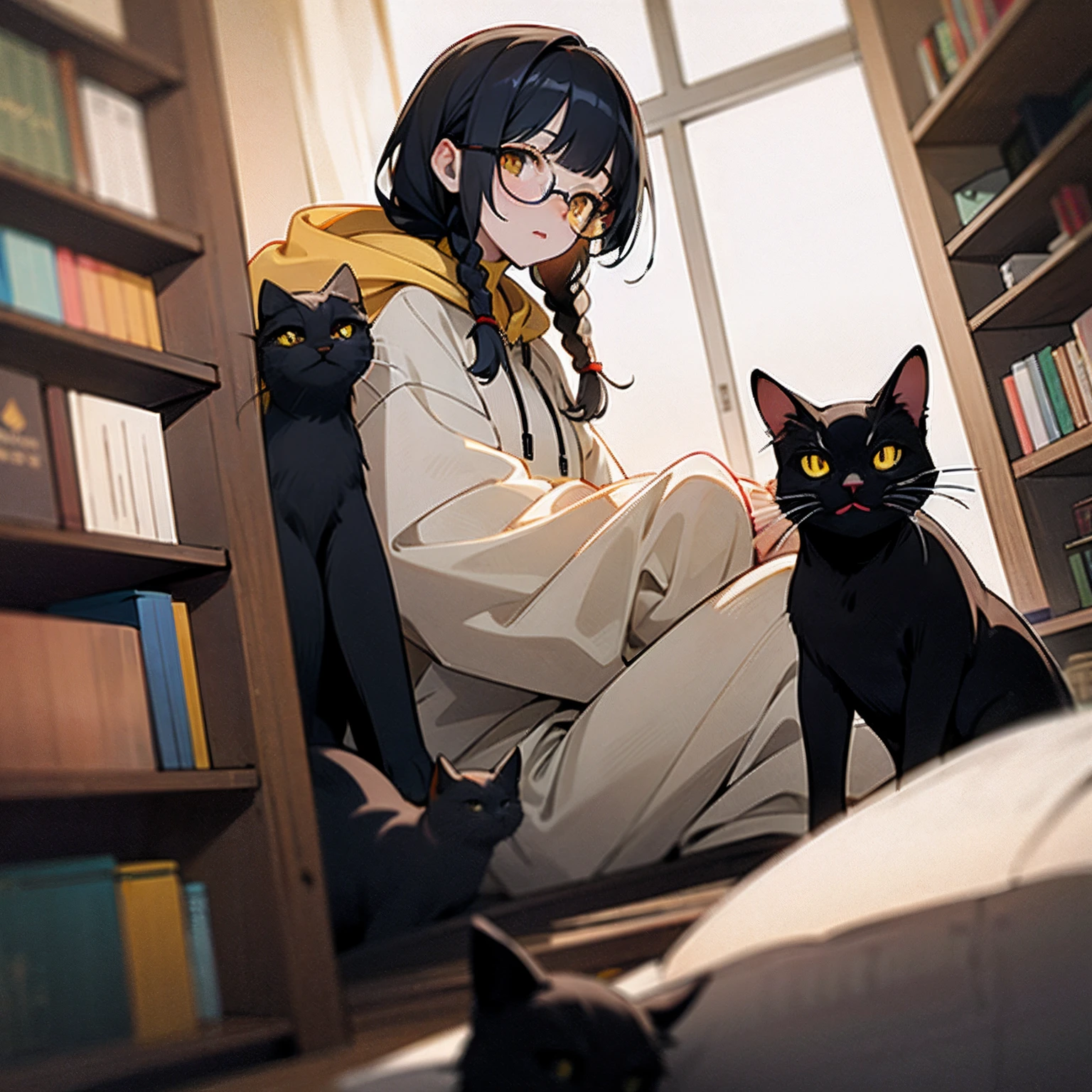 \((high quality)), ((masterpiece)), 8k, 1 girl with black hair, side braids, yellow eyes, glasses, gray and white hoodie and 1 black and white striped ankle-length sweatpants, loafers, ominous face static, under the right eye has a mole, Next to the girl is a black cat with big yellow eyes lying in the girl's arms, the other hand of the girl is holding a novel, behind is a library with shelves full of books.