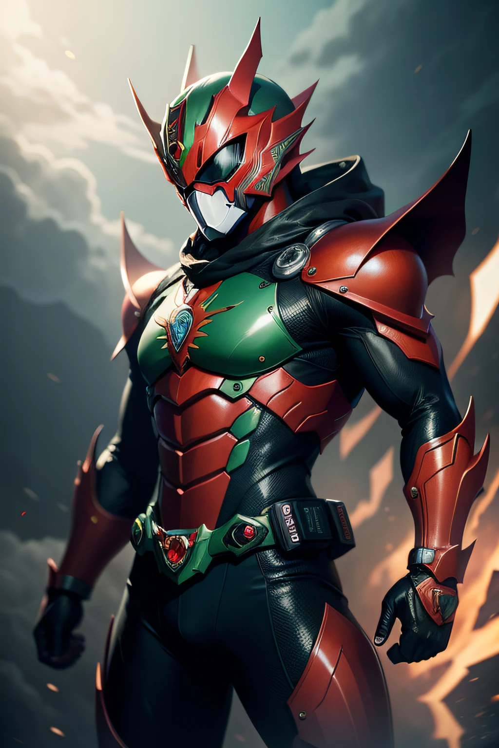 Kamen rider, corpo metalico preto, vermelho e verde, Wearing a transformation belt, chamas verdes, tokusatsu