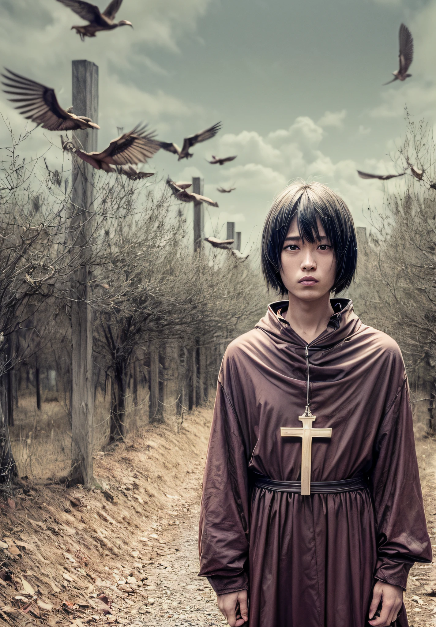 arafed image of a person standing in front of a cross with dead bodys and birds flying around, horror manga, junji ito artwork, ito junji art, subtle junji ito, junji ito style, art style of junji ito, pixivs and junji ito, junji ito undertones, junji ito 4 k, in berserk manga