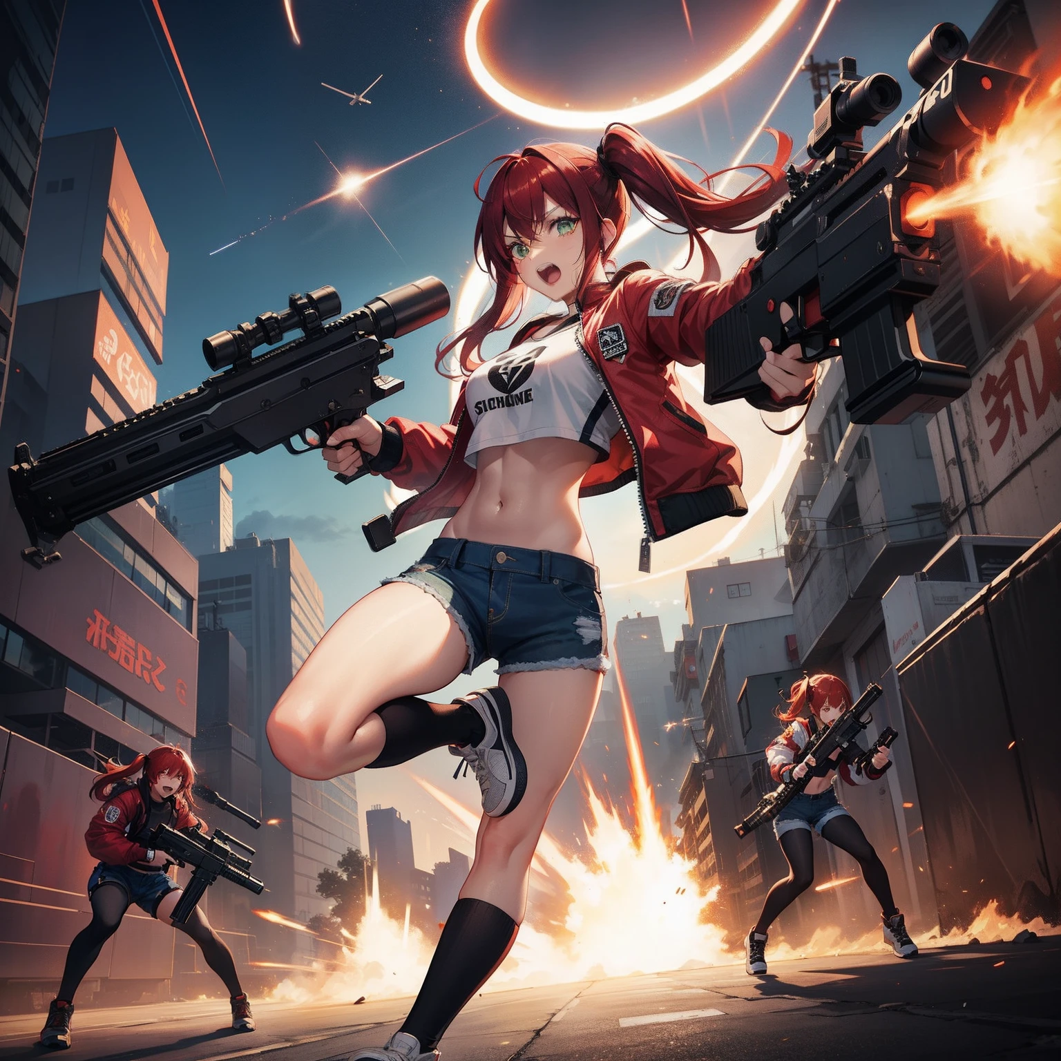 Full body shot, female asian Irina Shidou red hair twintails green eyes, in a cyberpunk city, wearing a bomber jacket and crop top and denim shorts, standing next to a Nissan GT-R, holding a big machine gun, holding a long laser rifle, shooting laser rifle, shooting lasers up at the sky, missile strike, rocket launch,  rapid fire, explosions, hand to hand fight, fighting, round house kick, jumping kick, guns flaring, punch face, open mouth, screaming, frontal shot, side shot, rear shot, back shot, behind shot, masterpiece, highly detailed