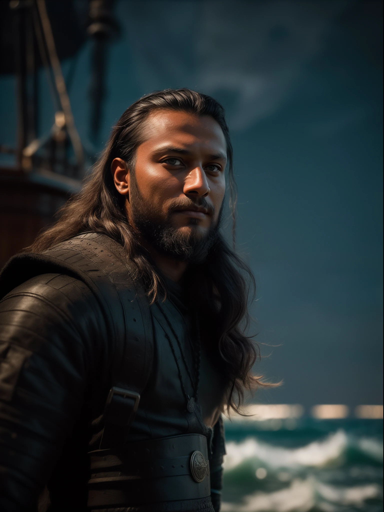 Realistic 16k image of Shakib al hasan as Ragnar Lothbrok (with black hair) onboard a viking longship, ((low angle hero shot)), (Upper body closeup), show Shakib as Ragnar navigating treacherous waters, Shakib al hasan as Ragnar is navigating his crew, show Shakib al hasan commanding the ship crew, this scene will be dark and scary, highlighting Shakib al hasan sailing on treacherous waters, dark tones with moonlit seas, dark and intimidating atmosphere like Viking series colour tone, ((sharp focus on portrait)), (balanced composition), high quality and realistic image, cinematic style, ((Best quality, 8k, Masterpiece), rough face, detailed skin, masterpiece, professional photography, (high detail:1 1), natural skin, (detailed face and eyes), (face: 1 2), noise, real photo, film photography, high resolution, 8k, realistic, 8k UHD, SLR camera, high quality, film grain, (Fujifilm X-T20, Fujifilm Fujinon XF 50mm f/2 R WR lens, Lens focal Length 50mm, Shutter speed 1/300 sec, APERTURE: 2, ISO: 80), volumetric lighting, dark background, dark fantasy, highly detailed, sharp focus, shallow depth of field, bokeh, blurry background, high contrast, contrast lighting, (dim colours), exposure blend, (dusty:1.3)