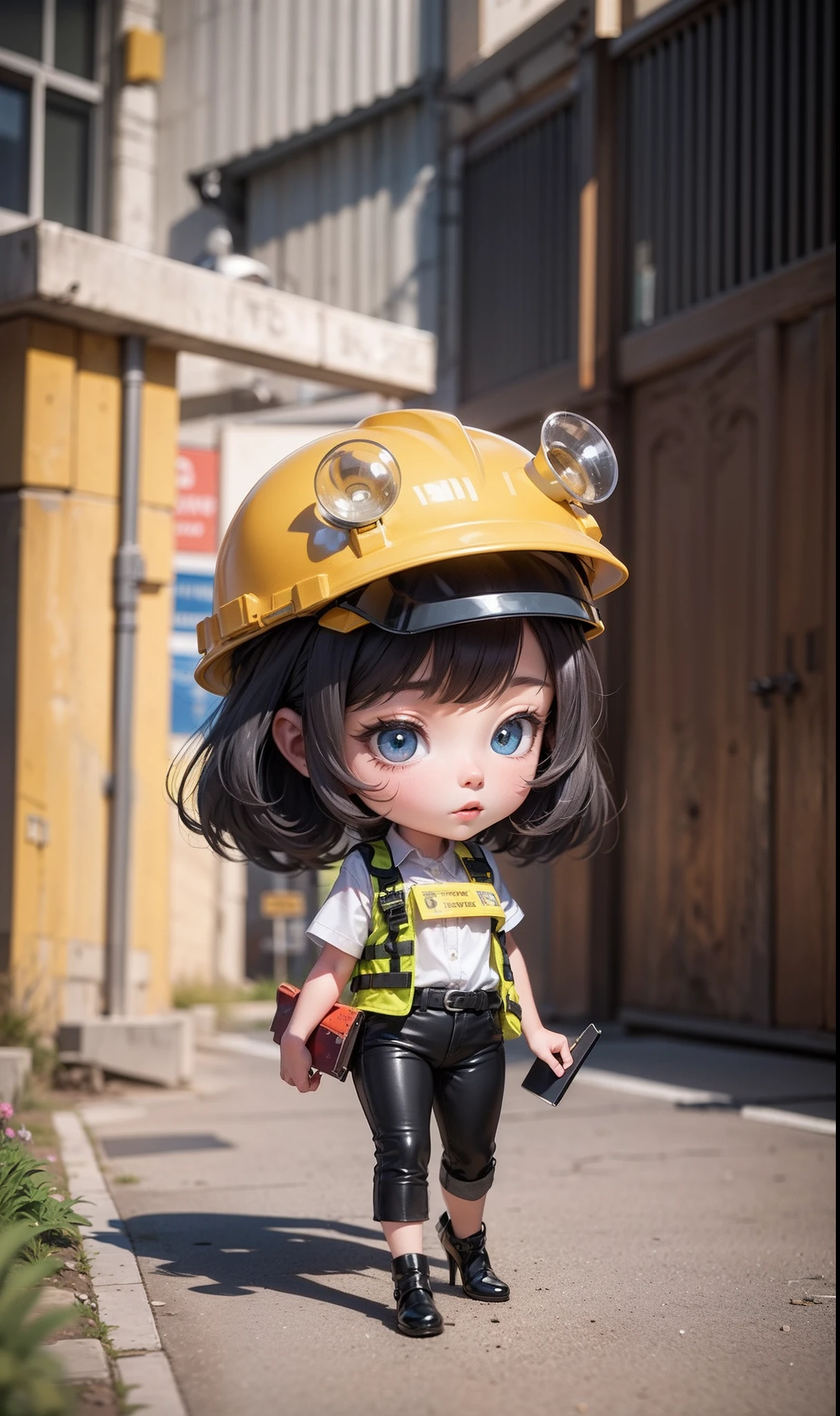 workplace safety background, full body, a girl based on animations from pixar studios, she has a pretty face, big brow eyes, black hair, holding a clipboard, matching high heels, with yellow PPE vest and helmet, black pants, job security working, sexy, high resolution, very detailed 3D, adorable little baby, Disney baby animation --auto --s2