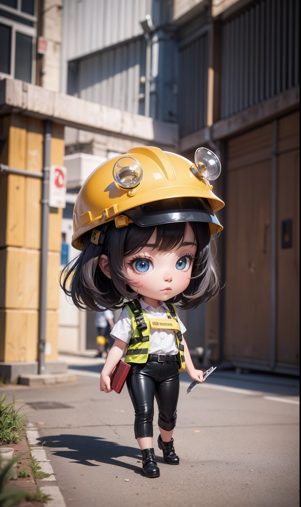 workplace safety background, full body, a girl based on animations from pixar studios, she has a pretty face, big brow eyes, black hair, holding a clipboard, matching high heels, with yellow PPE vest and helmet, black pants, job security working, sexy, high resolution, very detailed 3D, adorable little baby, Disney baby animation --auto --s2