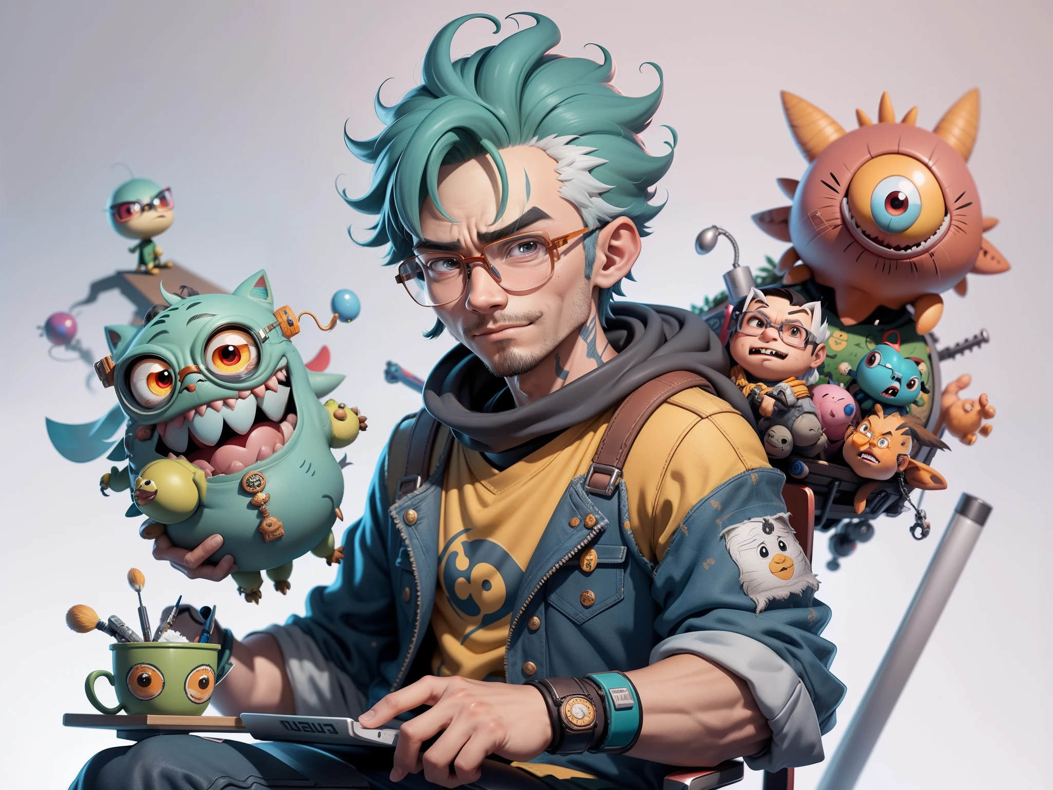 A young man with glasses sits at his desk,holding laptop,digitial painting,3D character design by Mark Clairen and Pixar and Hayao Miyazaki and Akira Toriyama,4K HD illustration,Very detailed facial features and cartoon-style visuals。