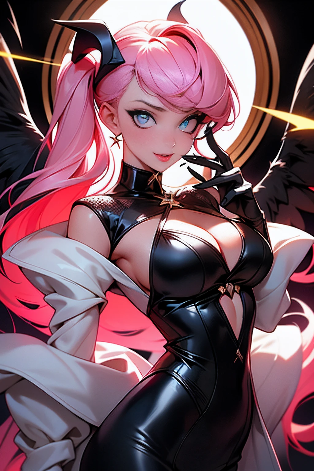 （tmasterpiece：1.2）， best qualtiy， （illustratio：1.2）， （hyper-detailing）， Eye focus， （Masterfully crafted Glow， Pink lens flare）， （Complex background）， hyper-detailing， （exquisitedetails）， （complexdetails）， rendering by octane， HDR， （hyper-detailing：1.15）， （softlighting：1.2）， 1girll， beuaty girl， hyper detail eyes， mature， plumw， thick， rainbow painting drops， exteriors， （Bioluminescence hair：2），（glowing light eyes）， （（putting makeup on）），（Movie Masterpiece），（dyna：1.2）， ferocious， powerful， splashes of colour absolutely eye-catching，（Cinematic headlighting），（（Caustics）），dynamic angle，beautiful detail glow，Environmental occlusion，ambient lights，ray-traced reflection，（best illuminate，Extremely refined and beautiful），（（cinematric light）），（downy：2），（Nifilim：1.2），The halo，devil horns，Devil wings，wings on back，Half devil，Devil's ears，Black wings，raven wings，（falling raven feathers），（radiant aura），Crows visible，（Half angel）， （Long metal nails），（Lick your fingers：1.2），Raised sexy，Cleavage is seductive，long-sleeved gloves，Perfectly drawn hands，4 fingers，1 thumb，Realistic hand shape，Seductive waist