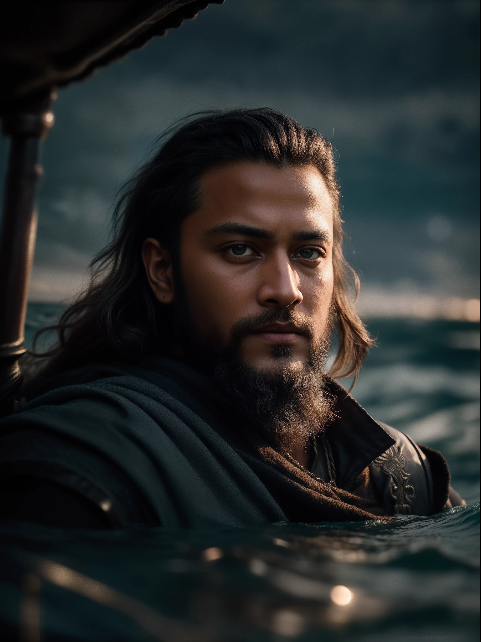 Realistic 16k image of Shakib al hasan as Ragnar Lothbrok (with black hair) onboard a viking longship, ((low angle hero shot)), (Upper body closeup), show Shakib as Ragnar navigating treacherous waters, Shakib al hasan as Ragnar is navigating his crew, show Shakib al hasan commanding the ship crew, this scene will be dark and scary, highlighting Shakib al hasan sailing on treacherous waters, dark tones with moonlit seas, dark and intimidating atmosphere like Viking series colour tone, ((sharp focus on portrait)), (balanced composition), high quality and realistic image, cinematic style, ((Best quality, 8k, Masterpiece), rough face, detailed skin, masterpiece, professional photography, (high detail:1 1), natural skin, (detailed face and eyes), (face: 1 2), noise, real photo, film photography, high resolution, 8k, realistic, 8k UHD, SLR camera, high quality, film grain, (Fujifilm X-T20, Fujifilm Fujinon XF 50mm f/2 R WR lens, Lens focal Length 50mm, Shutter speed 1/300 sec, APERTURE: 2, ISO: 80), volumetric lighting, dark background, dark fantasy, highly detailed, sharp focus, shallow depth of field, bokeh, blurry background, high contrast, contrast lighting, (dim colours), exposure blend, (dusty:1.3)