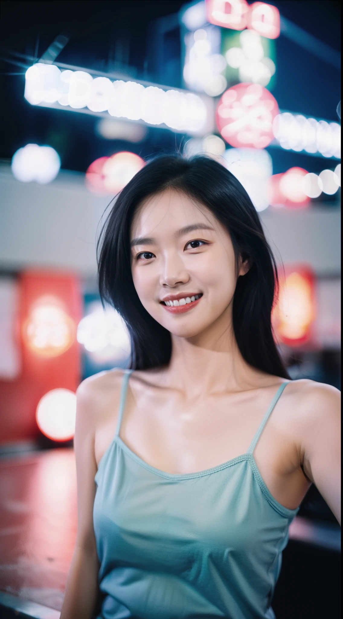 1girl, idol, model, depth of field, photo, film, face, skinny, smile, collarbone, teeth, movie, camisole, selfie, night,