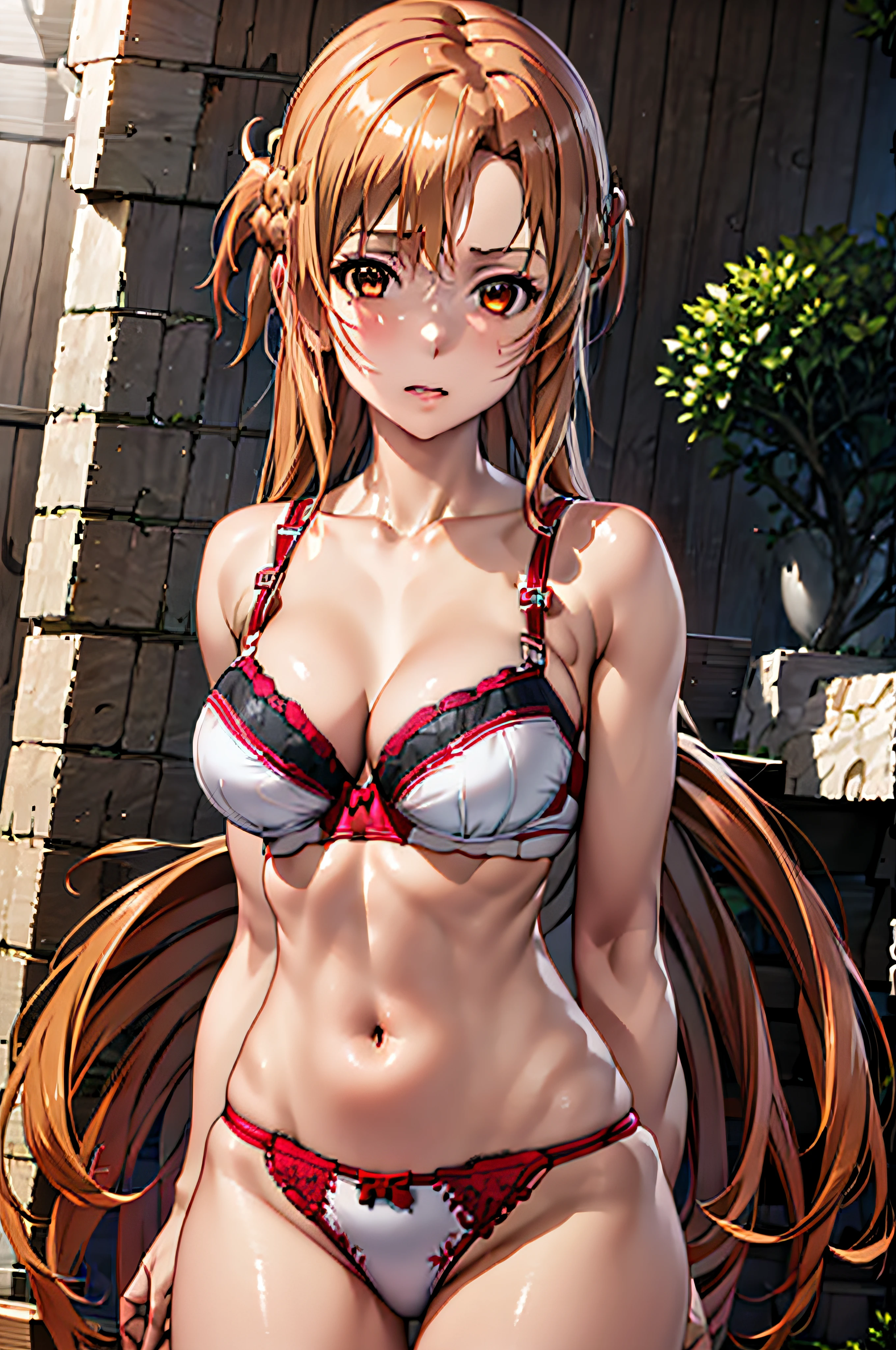 best quality, master part, retrato, 1girl, Yuuki Asuna, brown hair, lingerie, various sexy position, olhos castanhos, medium breasts, Cabelos Longos, pigtail, Kotbo, luvas brancas, uniforme branco, Botas Brancas, saia vermelha, Pulseiras vermelhas, Olhando para o Viewer, dentro, sorrir,