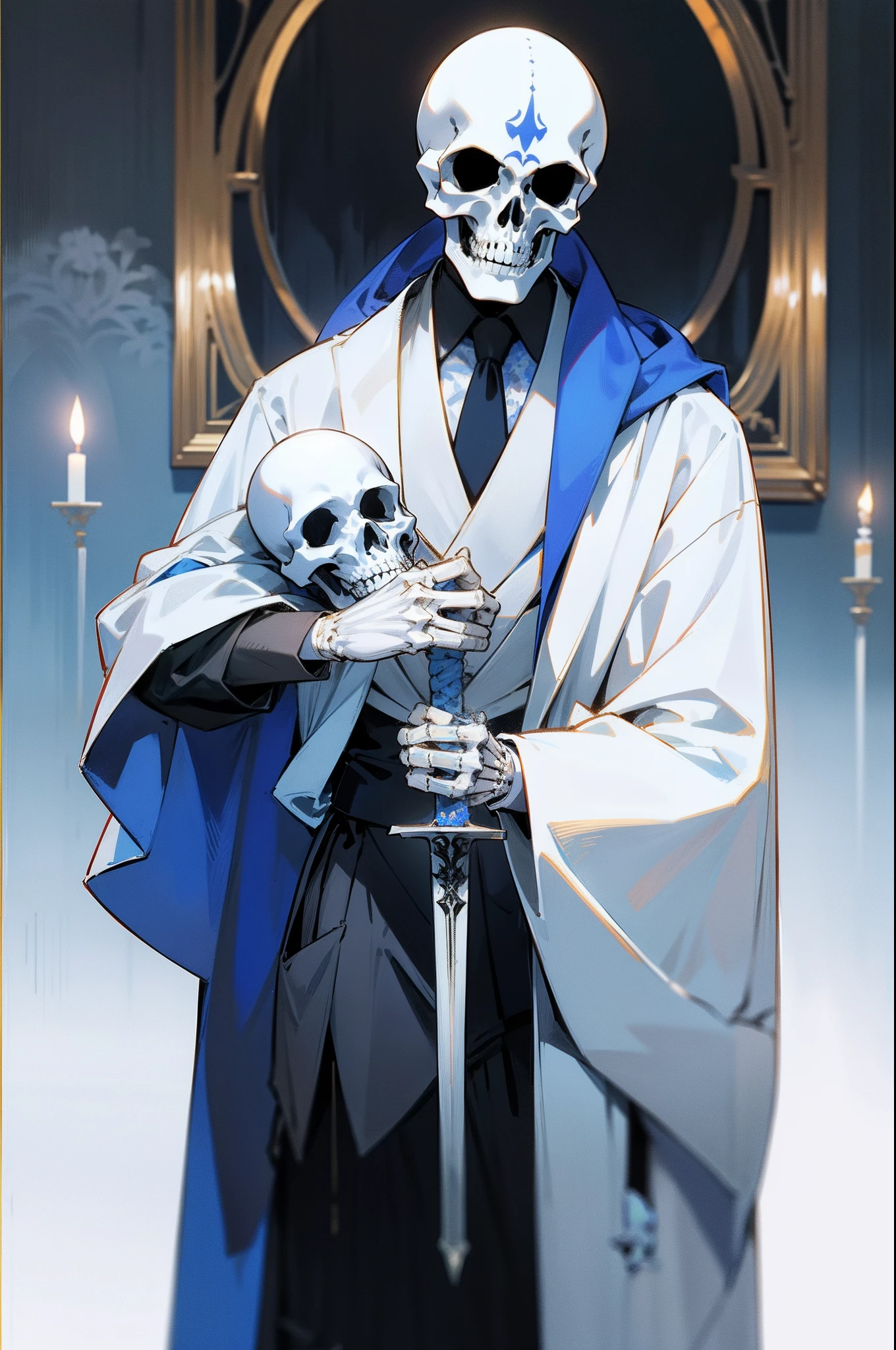 The white-robed man was high-profile and gorgeous，Blue floral accents，Wearing a skeleton mask，Standing，handheld dagger