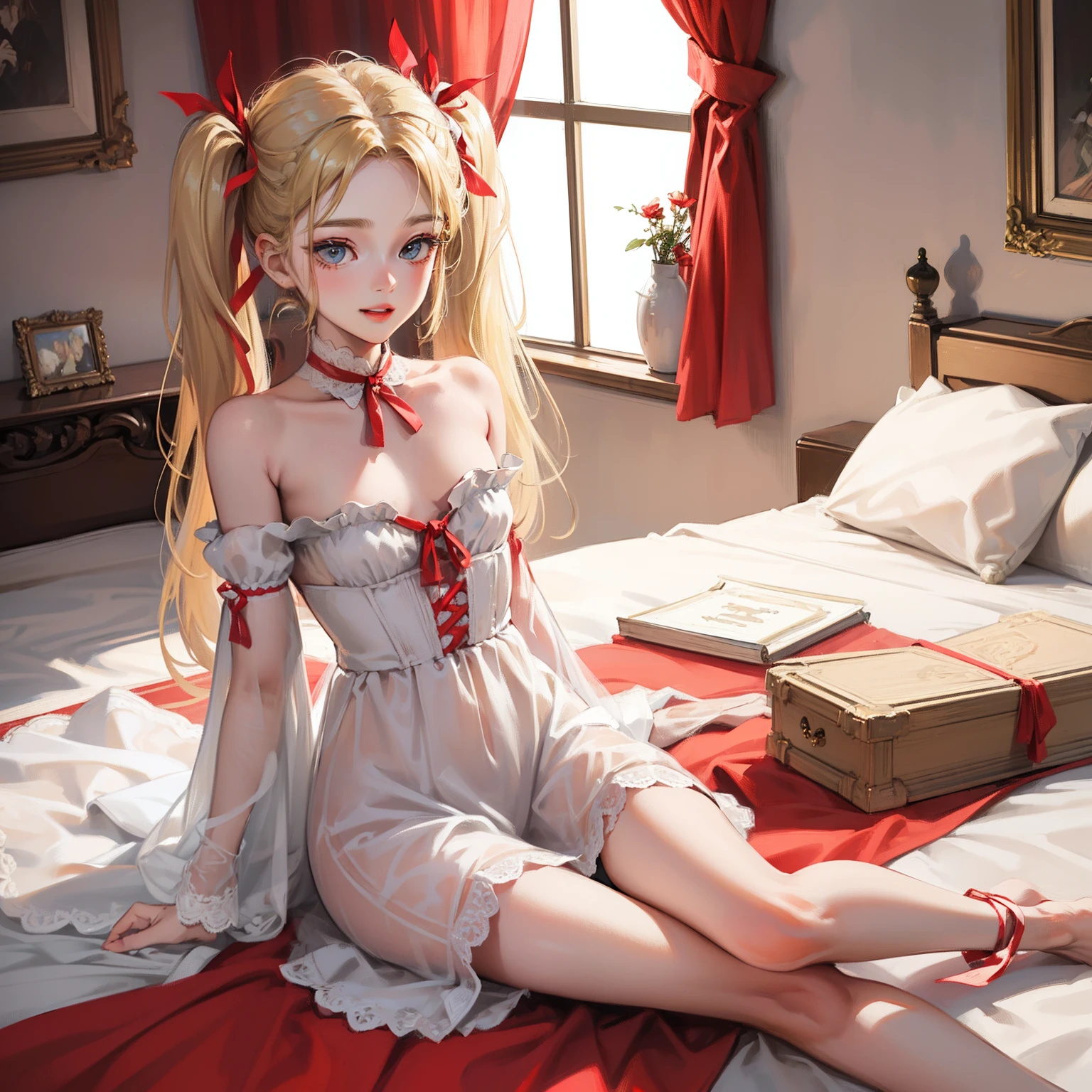 masterpiece,best quality,ultra detailed, ,wedding dressflat chest,twintails,fucked silly,ong hair,parted bangs,hair pulled back,hair intakes,blonde hair,delicate beautiful face,seductive smile,bare shoulder,barefoot,red ribbon, cowgirl position,on the bedroom