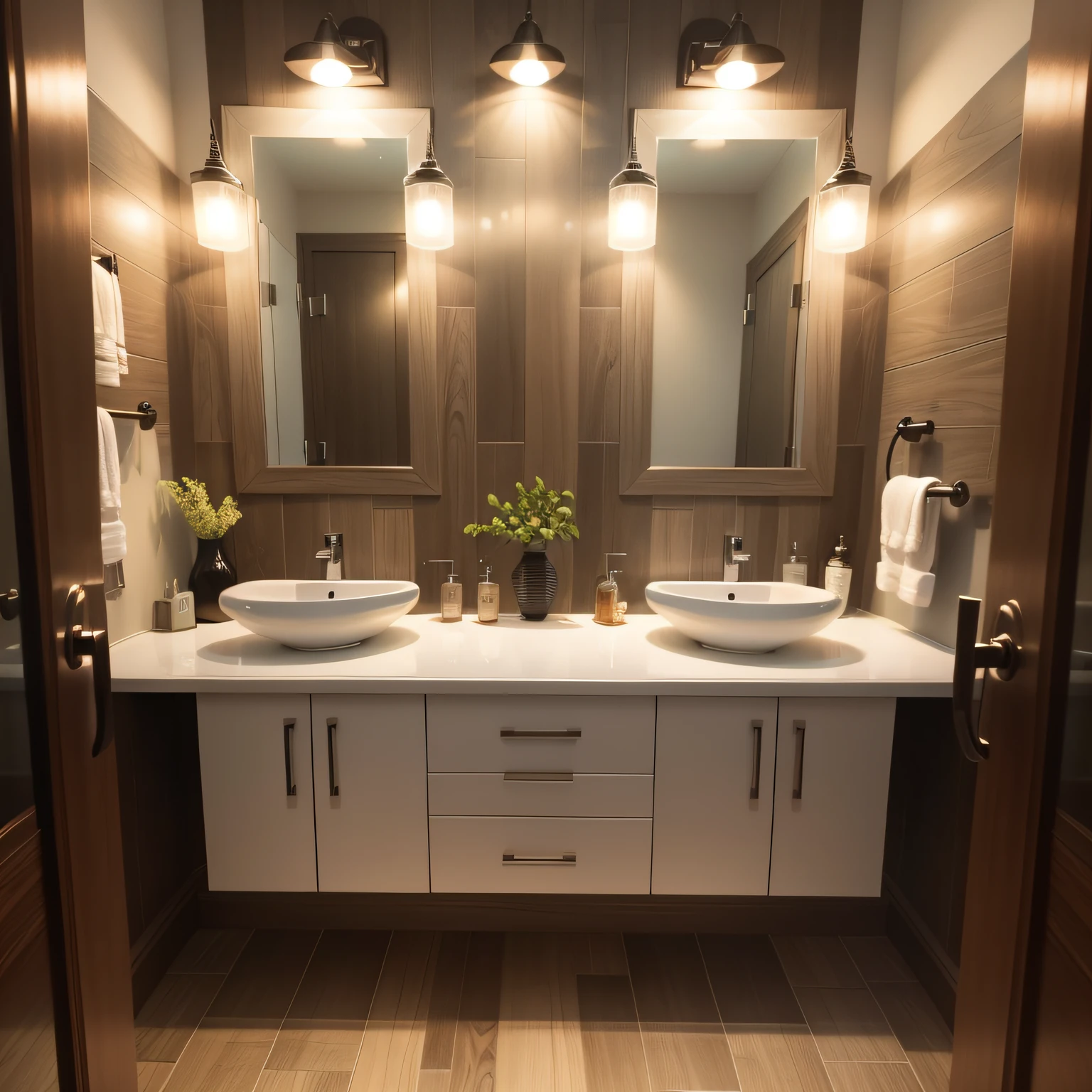 bathroom wood tile with Mirror and Lighting