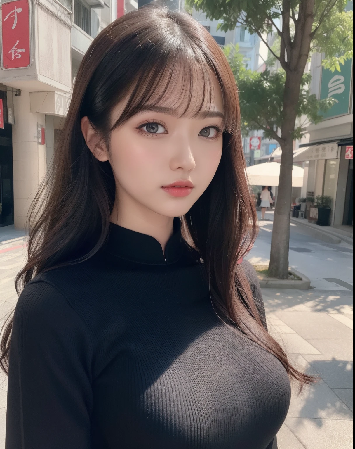 masterpiece, best quality, ultra-detailed, intricately detailed hyperdetailed, realistic, sharp features, highly detailed, sharp focus, (18 years old:1.3), perfect face, perfect symmetrically eyes, perfect full lips, hyper detailed, hyper realistic, high resolution, Fashion Model, Slender, Japanese Idol, brown hair, Stylish, Realistic, Photorealistic:1.3, Beautiful Face, light brown hair, messy hair, asymmetrical bangs, Neat clothes, (smile slightly), (tight fitting Black tops:1.2),