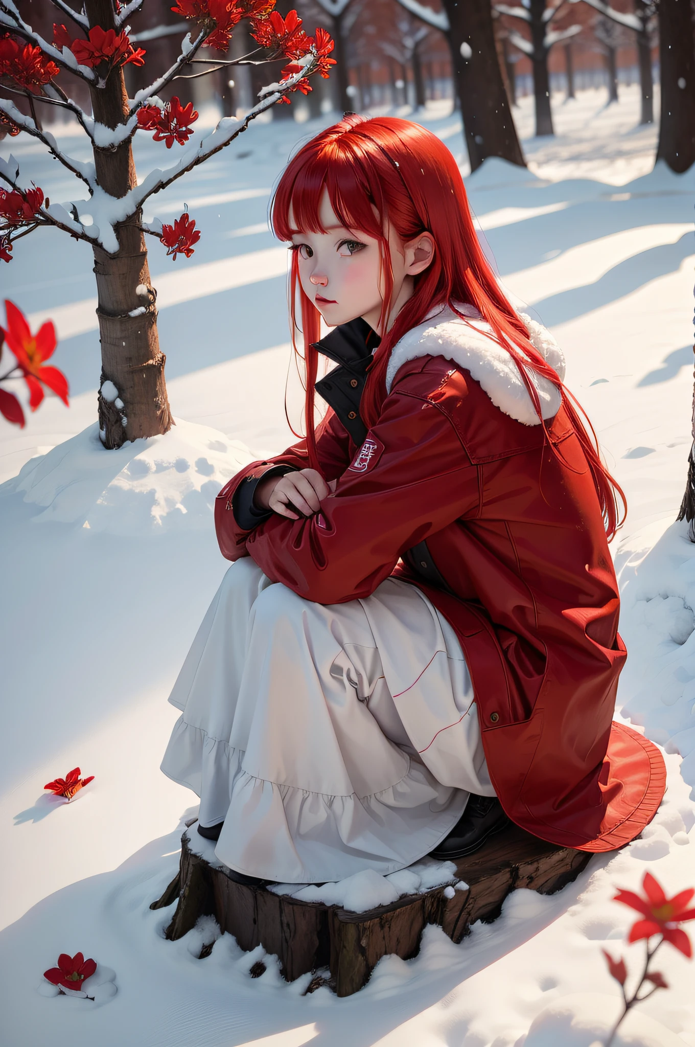 fire, snow, red flowers, a tree without leaves, a lonely girl in white with red hair