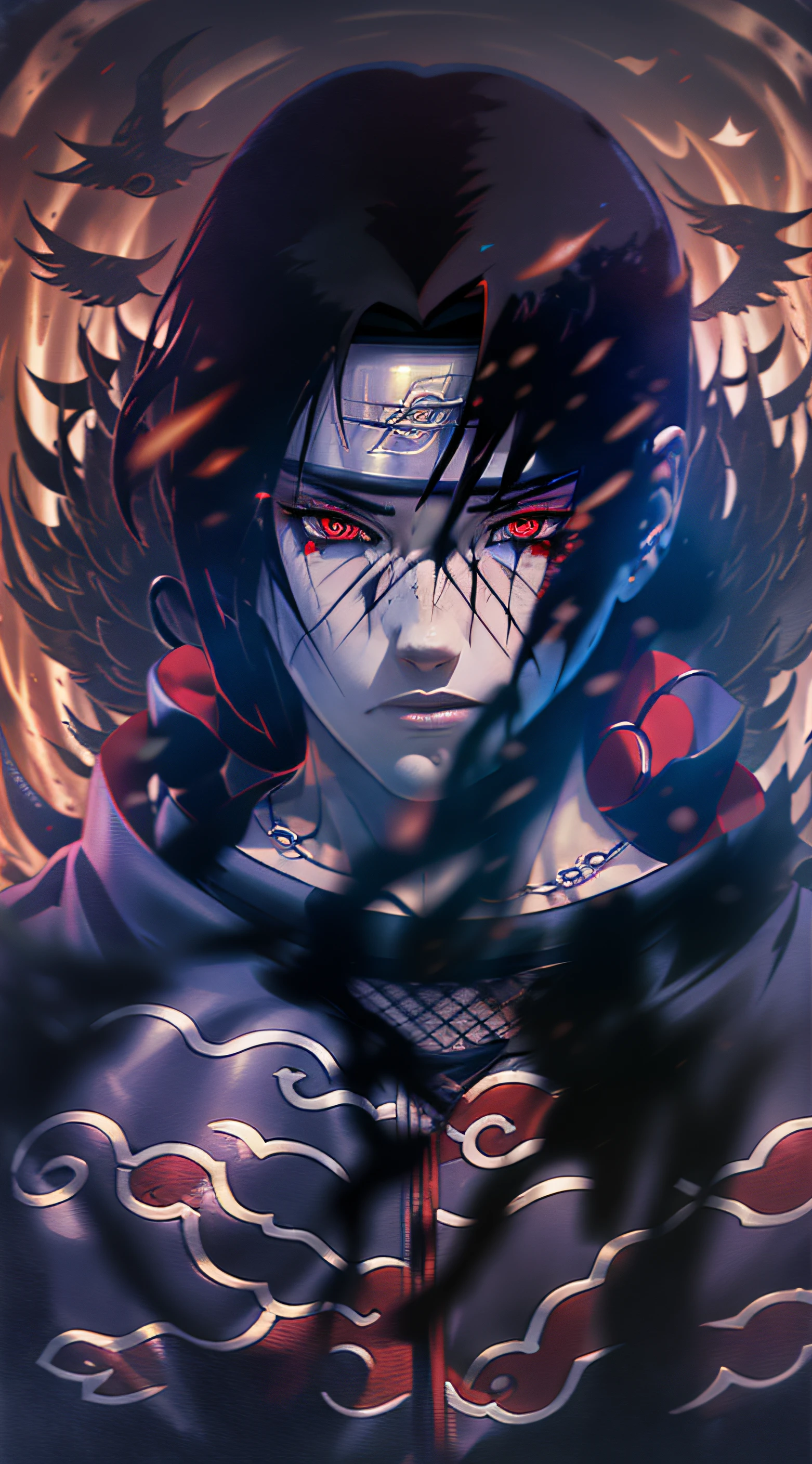 Itachi Uchiha, darkness envelops him, Sharingan eyes, 1 raven by his side, hidden powers awaken, dark black flames consuming everything, an 8k vision revealing all the dark details, maximum quality