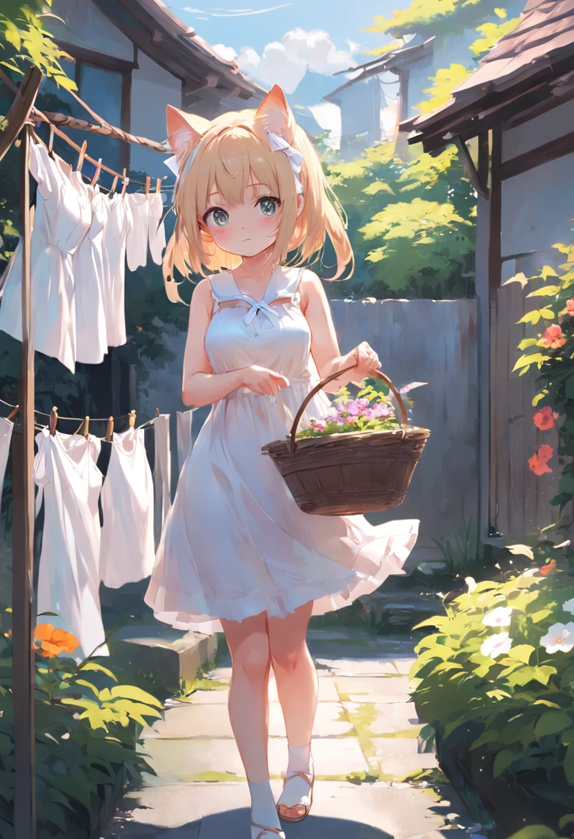 Cat-eared girl in white dress standing in garden, sleeveless,Hang the laundry to dry,Holding a laundry basket,loli in dress, ??????????? loli, artwork in the style of guweiz, guweiz on pixiv artstation, guweiz on artstation pixiv, guweiz, small loli girl, soft anime illustration, Anime visuals of cute girls, Detailed Digital Anime Art