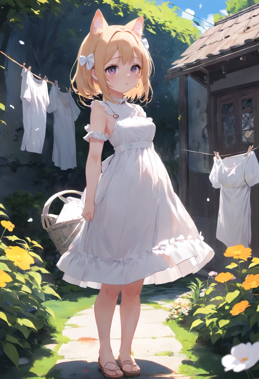 Cat-eared girl in white dress standing in garden, sleeveless,Hang the laundry to dry,Holding a laundry basket,loli in dress, ??????????? loli, artwork in the style of guweiz, guweiz on pixiv artstation, guweiz on artstation pixiv, guweiz, small loli girl, soft anime illustration, Anime visuals of cute girls, Detailed Digital Anime Art