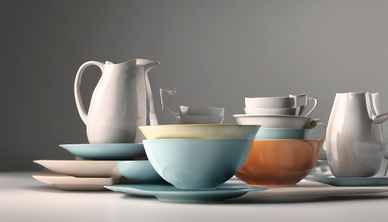 criar uma (((imagem realista))), (8k), ((220px altura x 1580px largura)), sharp reflections in the dishes, perfect  lighting, sombras corretas, distortionless, detalhados, xicaras, copos e vasos de vidros, ceramics and porcelain together, using the colors you've chosen: #c4f9f9, #04bcbc, #000000 e #ffffff.