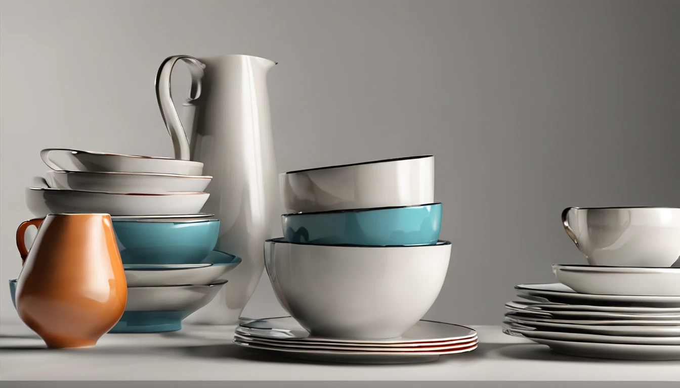 criar uma (((imagem realista))), (8k), ((220px altura x 1580px largura)), sharp reflections in the dishes, perfect  lighting, sombras corretas, distortionless, detalhados, xicaras, copos e vasos de vidros, ceramics and porcelain together, using the colors you've chosen: #c4f9f9, #04bcbc, #000000 e #ffffff.