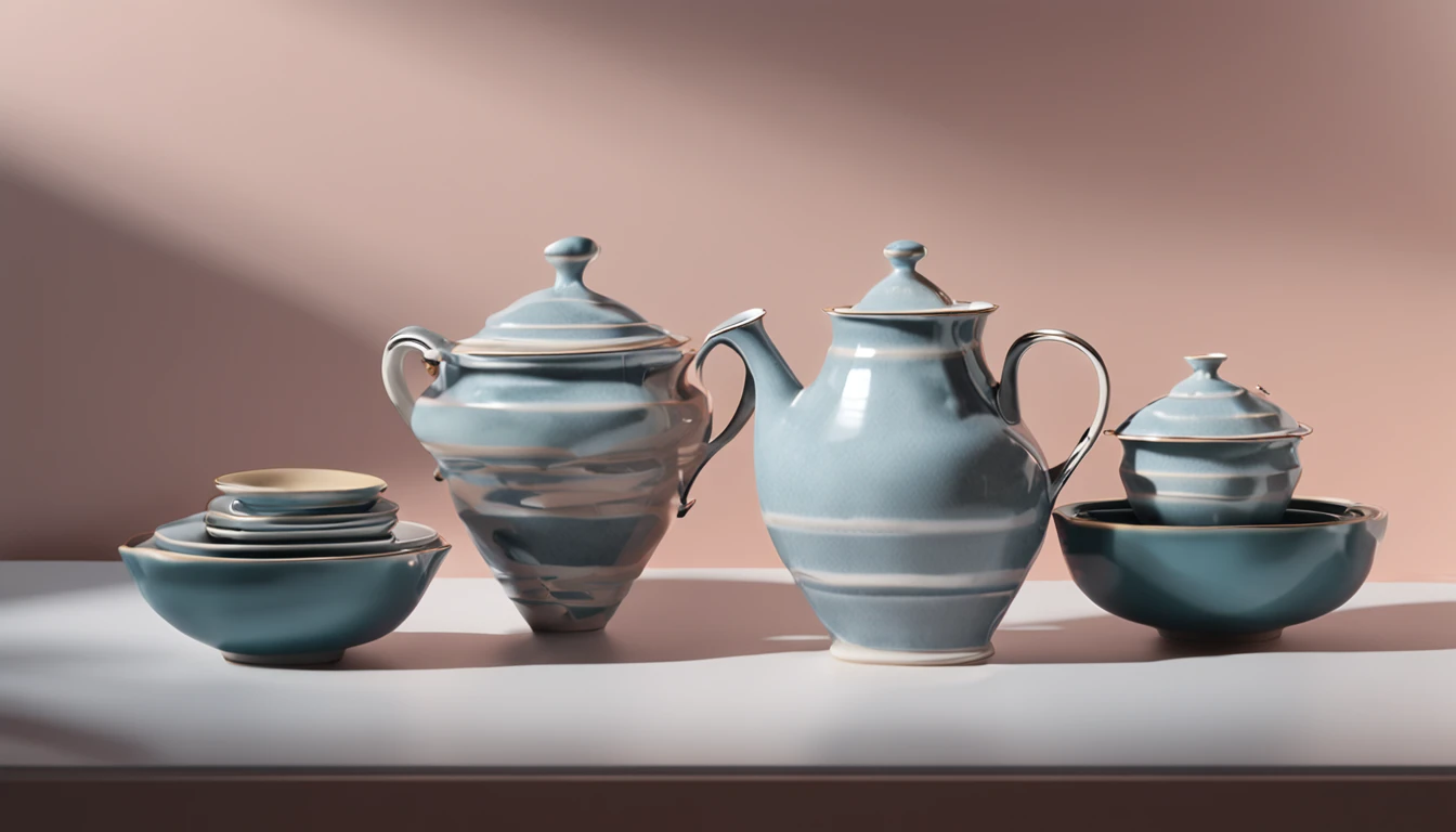 criar uma (((imagem realista))), (8k), ((220px altura x 1580px largura)), sharp reflections in the dishes, perfect  lighting, sombras corretas, distortionless, detalhados, xicaras, copos e vasos de vidros, ceramics and porcelain together, using the colors you've chosen: #c4f9f9, #04bcbc, #000000 e #ffffff.