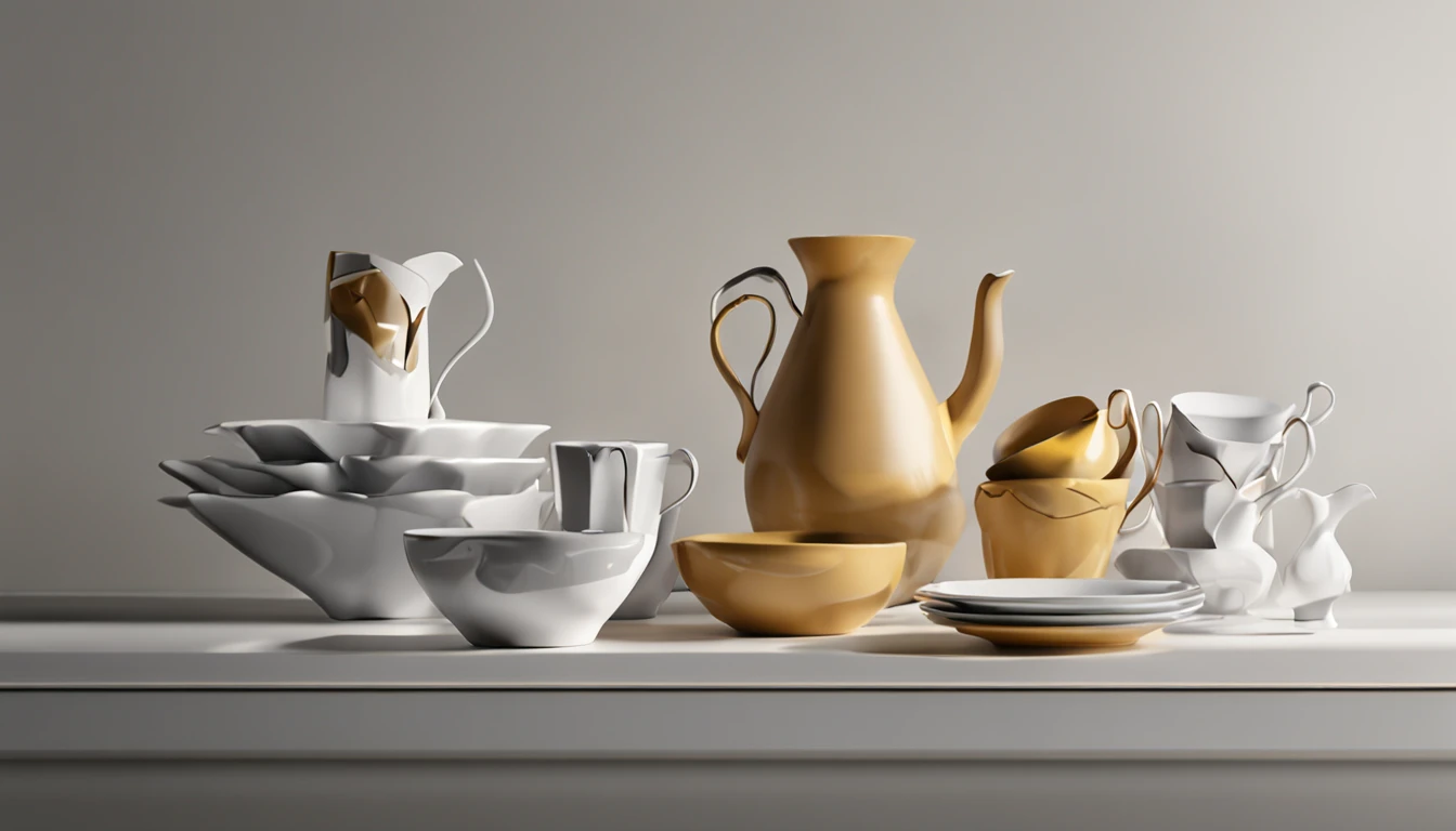 criar uma (((imagem realista))), (8k), ((220px altura x 1580px largura)), sharp reflections in the dishes, perfect lighting, sombras corretas, distortionless, detalhados, xicaras, copos e vasos de vidros, ceramics and porcelain together, using the colors you've chosen: #c4f9f9, #04bcbc, #000000 e #ffffff.