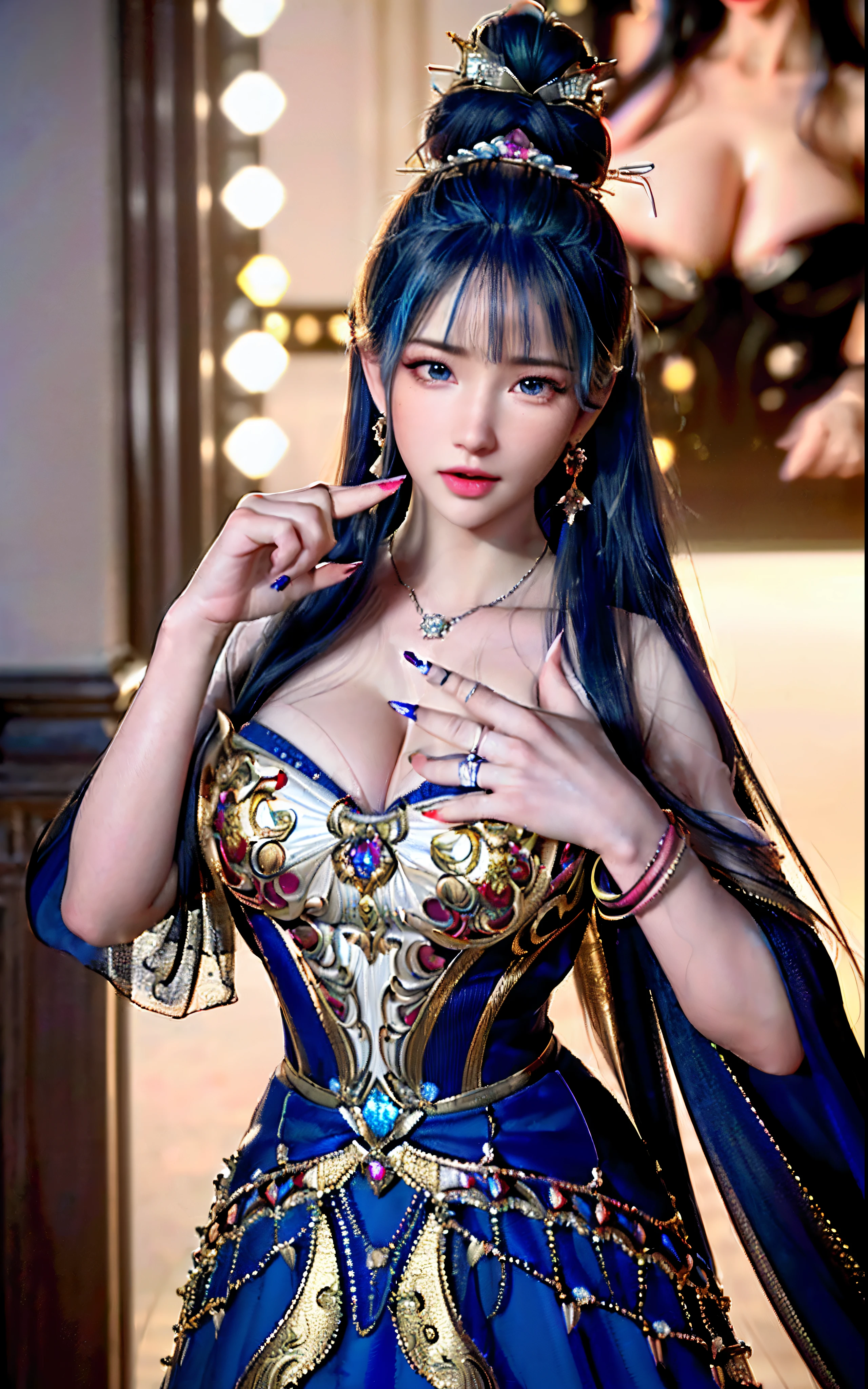 ((realisticity: 1.2)), ((realistic: 8K UHD)), ((best resolution: 8K UHD)), hyper detailed, best quality,masterpiece,highres,cg, ((1 girl hyper detailed and hyper realistic) ) , ((beautiful queen, hyper realistic and hyper detailed)),((white skin, beautiful, smooth, youthful, hyper realistic and hyper detailed )), ((Face hyper beautiful, white, hyper realistic and hyper detailed ) ), long hair, ((hyper realistic and hyper detailed dress)), solo, ((hyper realistic, hyper beautiful, beautiful and hyper detailed jewelry)), ((hyper beautiful deep red and golden yellow dress, hyper realistic and hyper detailed )) , ((Her pretty, hyper realistic, hyper detailed diamond filled earrings)), ((Her gorgeous diamond haircut, hyper realistic and hyper detailed)), ((hyper pretty upper body, hyper beautiful, hyper realistic and hyper detailed) ), ((medium breast: 1.1)), ((hyper realistic, hyper pretty, hyper detailed boobs)), ((the backgroun of the royal palace is hyper majestic, hyper realistic and hyper detailed)),((hands and palms hyper beautiful, hyper detailed, hyper realistic)), ((hyper detailed and hyper realistic fingers and fingernails)), ((hyper pretty fingernails, hyper vivid, hyper detailed, hyper realistic)), ((thumb, index finger, middle finger, ring finger, little finger hyper vivid, hyper pretty, hyper detailed, hyper realistic)), ((hyper beautiful fingers, hyper detailed, and hyper realistic)), ((posture not too fat and not too thin, hyper realistic, hyper detail)), ((hyper pretty, hyper pretty, hyper realistic and hyper detailed hair bun)), ((hyper pretty , hyper realistic and hyper detailed blue hair)), candid, Photo, high resolution, 8k , bokeh,