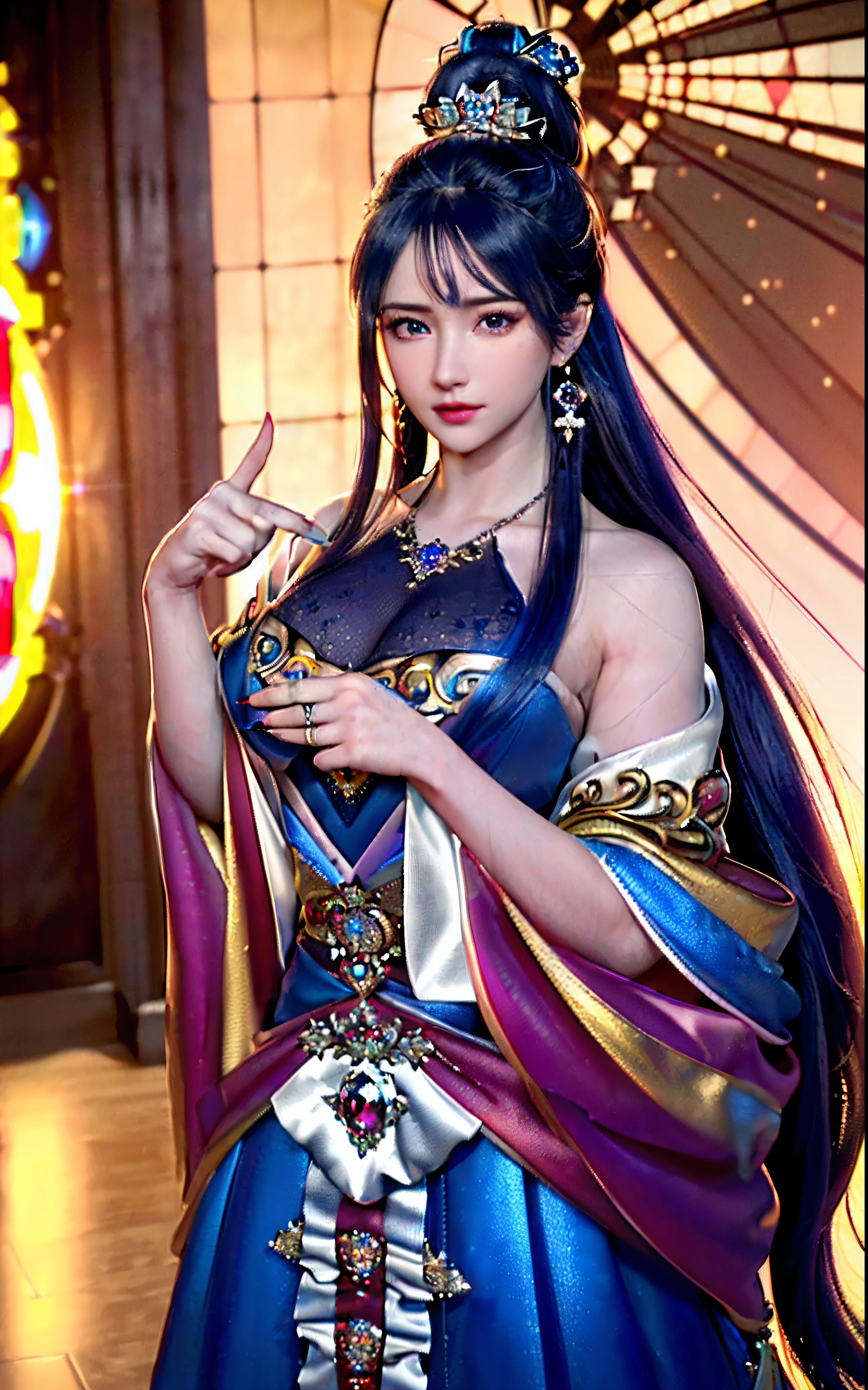 ((realisticity: 1.2)), ((realistic: 8K UHD)), ((best resolution: 8K UHD)), hyper detailed, best quality,masterpiece,highres,cg, ((1 girl hyper detailed and hyper realistic) ) , ((beautiful queen, hyper realistic and hyper detailed)),((white skin, beautiful, smooth, youthful, hyper realistic and hyper detailed )), ((Face hyper beautiful, white, hyper realistic and hyper detailed ) ), long hair, ((hyper realistic and hyper detailed dress)), solo, ((hyper realistic, hyper beautiful, beautiful and hyper detailed jewelry)), ((hyper beautiful deep red and golden yellow dress, hyper realistic and hyper detailed )) , ((Her pretty, hyper realistic, hyper detailed diamond filled earrings)), ((Her gorgeous diamond haircut, hyper realistic and hyper detailed)), ((hyper pretty upper body, hyper beautiful, hyper realistic and hyper detailed) ), ((medium breast: 1.1)), ((hyper realistic, hyper pretty, hyper detailed boobs)), ((the backgroun of the royal palace is hyper majestic, hyper realistic and hyper detailed)),((hands and palms hyper beautiful, hyper detailed, hyper realistic)), ((hyper detailed and hyper realistic fingers and fingernails)), ((hyper pretty fingernails, hyper vivid, hyper detailed, hyper realistic)), ((thumb, index finger, middle finger, ring finger, little finger hyper vivid, hyper pretty, hyper detailed, hyper realistic)), ((hyper beautiful fingers, hyper detailed, and hyper realistic)), ((posture not too fat and not too thin, hyper realistic, hyper detail)), ((hyper pretty, hyper pretty, hyper realistic and hyper detailed hair bun)), ((hyper pretty , hyper realistic and hyper detailed blue hair)), candid, Photo, high resolution, 8k , bokeh,
