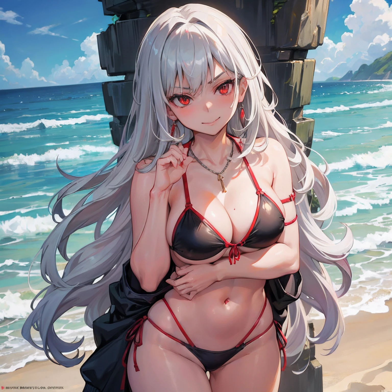 (masterpiece), 1girl, rich brat, sexy bikini, necklace, earrings, grey straight hair, medium hair, red eyes, big boobs, at the beach, sexy pose, smirking, looking at me