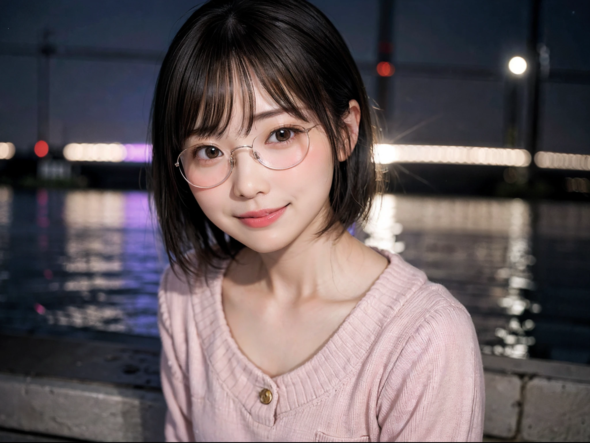 Japan girls in casual clothes、Watch your audience、Tokyo cityscape at night、(top-quality、Master masterpiece)))、HD fine、ighly detailed、Master masterpiece、电影灯光、(8K、top-quality、Master masterpiece:1.2)、(realisitic、Photorealsitic:1.37) Hi-Res、Super Detail、Woman with glasses、Silent look、Round glasses、Asian, cute little, Cute face, Solo, Short hair 1.2, Textured skin, Beautiful smile, Beautiful detailed night sky, night landscape, 电影灯光, depth of fields, Lens flare light、Dating、(blush nose)、、(Mouth closed)tiny chest、Beautiful eye for detail、(Sweaters:1.1)、(Short hair:1.2)、Floating hair Nova frog style、