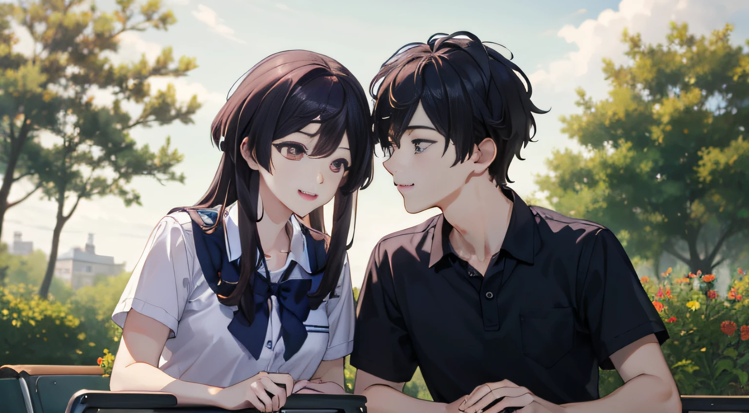 (4K, Best picture quality, A high resolution:1.1), (Masterpiece:1.1),summertime,early evening,In the school playground,The lighting is perfect,A boy and a girl,snak,black color hair,High school student uniform,Happy and looking forward,Facial expression detailing,Mid-range vision