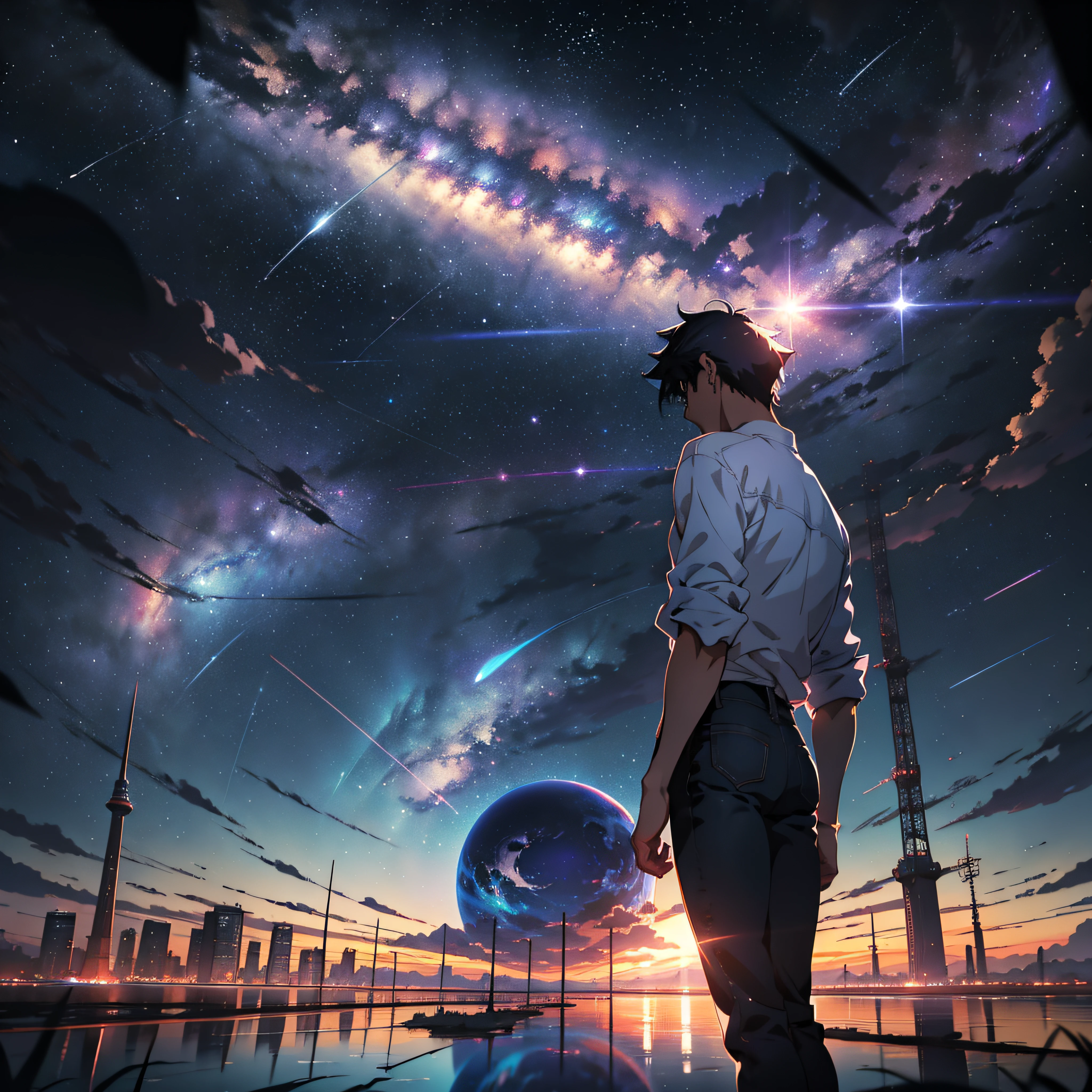 anime - style scene of a beautiful sky with a star and a planet, cosmic skies. by makoto shinkai, anime art wallpaper 4k, meteor fall, anime art wallpaper 4 k, anime art wallpaper 8 k, anime wallpaper 4k, anime wallpaper 4 k, 4k anime wallpaper, anime sky, amazing wallpaper, anime background, anime background art, reflection, quantum transisition, white shirt, black jeans, center of cyborg city, top tower.