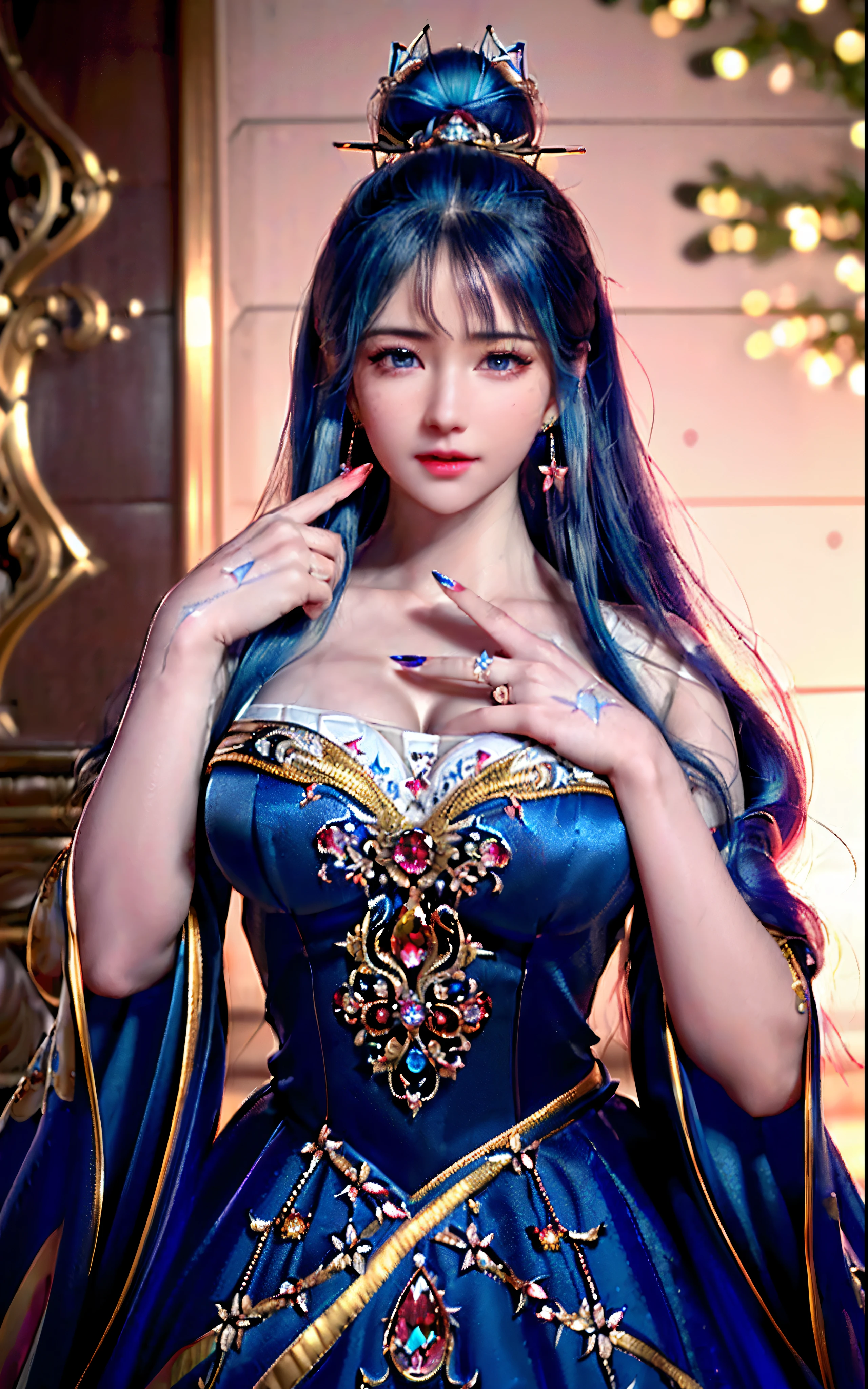 ((realisticity: 1.2)), ((realistic: 8K UHD)), ((best resolution: 8K UHD)), hyper detailed, best quality,masterpiece,highres,cg, ((1 girl hyper detailed and hyper realistic) ) , ((beautiful queen, hyper realistic and hyper detailed)),((white skin, beautiful, smooth, youthful, hyper realistic and hyper detailed )), ((Face hyper beautiful, white, hyper realistic and hyper detailed ) ), long hair, ((hyper realistic and hyper detailed dress)), solo, ((hyper realistic, hyper beautiful, beautiful and hyper detailed jewelry)), ((hyper beautiful deep red and golden yellow dress, hyper realistic and hyper detailed )) , ((Her pretty, hyper realistic, hyper detailed diamond filled earrings)), ((Her gorgeous diamond haircut, hyper realistic and hyper detailed)), ((hyper pretty upper body, hyper beautiful, hyper realistic and hyper detailed) ), ((medium breast: 1.5)), ((hyper realistic, hyper pretty, hyper detailed boobs)),   ((the backgroun of the royal palace is hyper majestic, hyper realistic and hyper detailed)),((hands and palms hyper beautiful, hyper detailed, hyper realistic)), ((hyper pretty, hyper pretty, hyper realistic and hyper detailed hair bun)), ((hyper pretty , hyper realistic and hyper detailed blue hair)), candid, Photo, high resolution, 8k , bokeh,