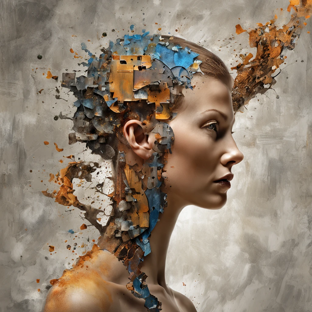 3d puzle , staring beauty woman , redhead, Ogive explosive, Machine parts embedded in the face, Volatil, inspired by Igor Morski, Dramatic artwork, photomanipulation, Manipulation de photos, Disintegration, headbang until your brain bleeds, explosion of data fragments, tinnitus, official artwork, incredibly high detailed, Photoshop Art, effet de bruit