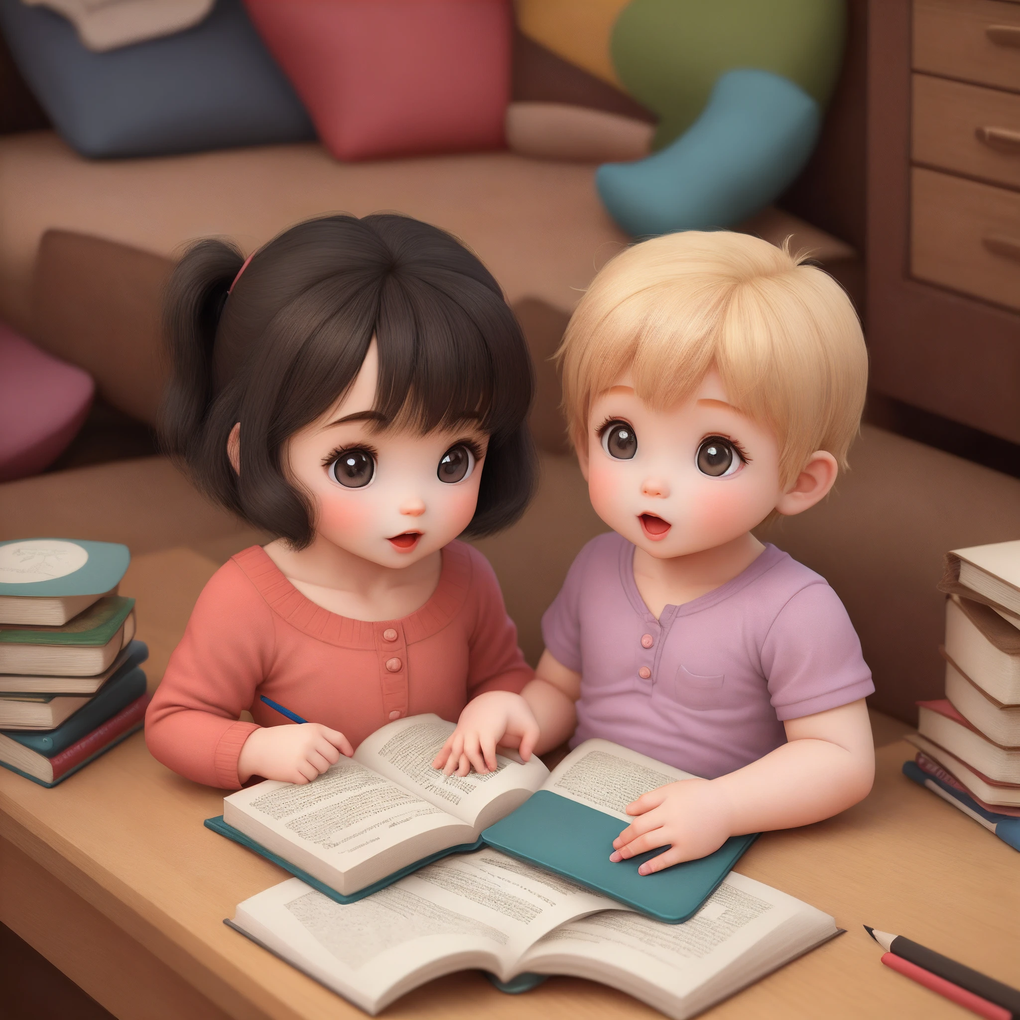 Two find a book on a bookshelf