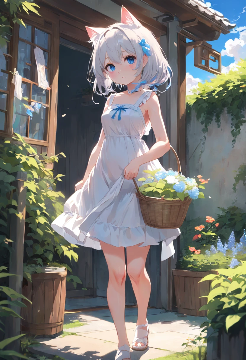 Cat-eared girl in white dress standing in garden, break，silber hair，blue eyes，(((Sleeveless)))，Hang the laundry to dry，Holding a laundry basket with clothes，loli in dress, small curvy loli, artwork in the style of guweiz, guweiz on pixiv artstation, guweiz on artstation pixiv, guweiz, small li girl, soft anime illustration, Anime visuals of cute girls, Detailed Digital Anime Art