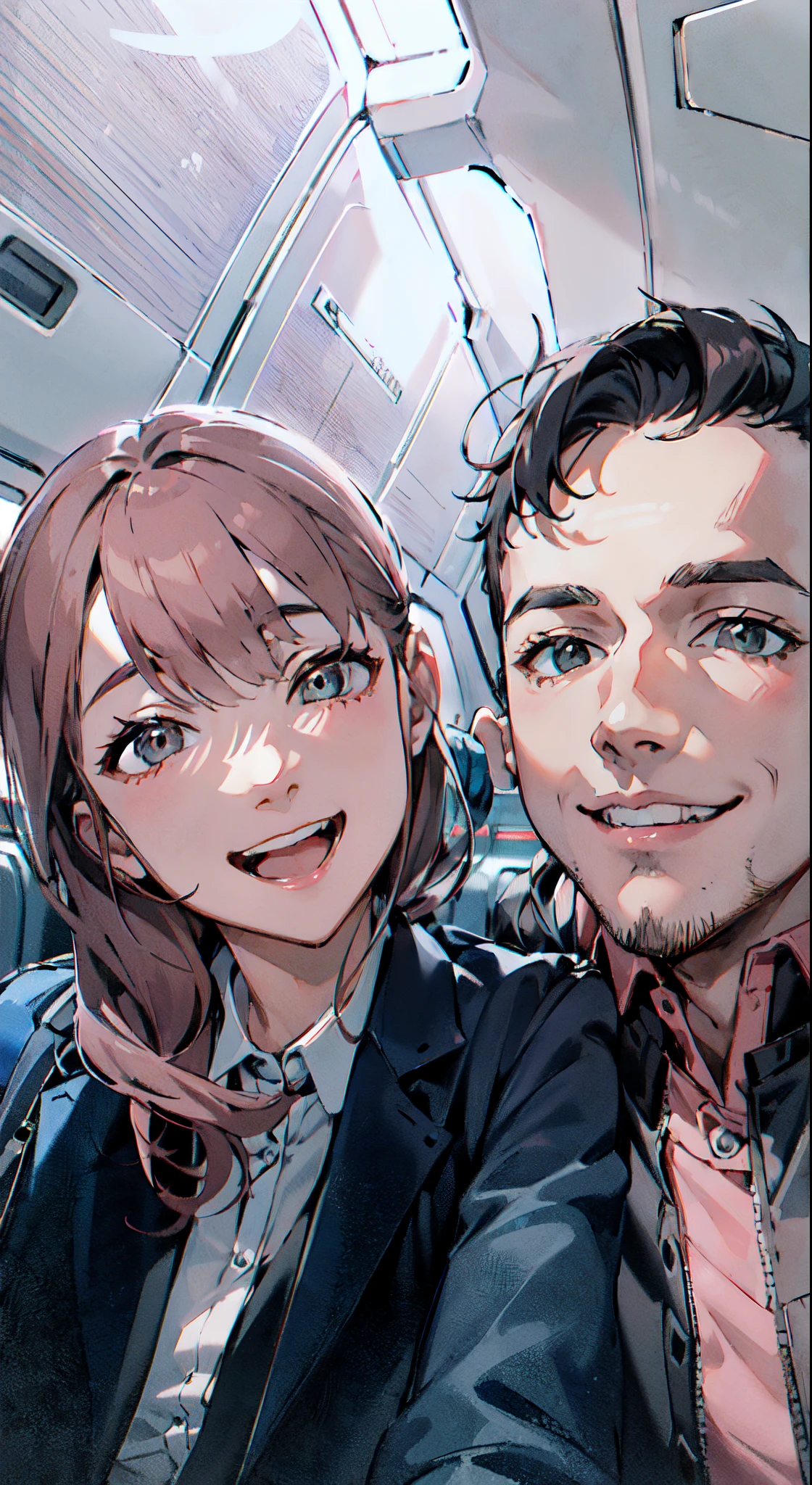 smiling couple on airplane with pink polo and black jacket, 8k selfie photograph, happy couple