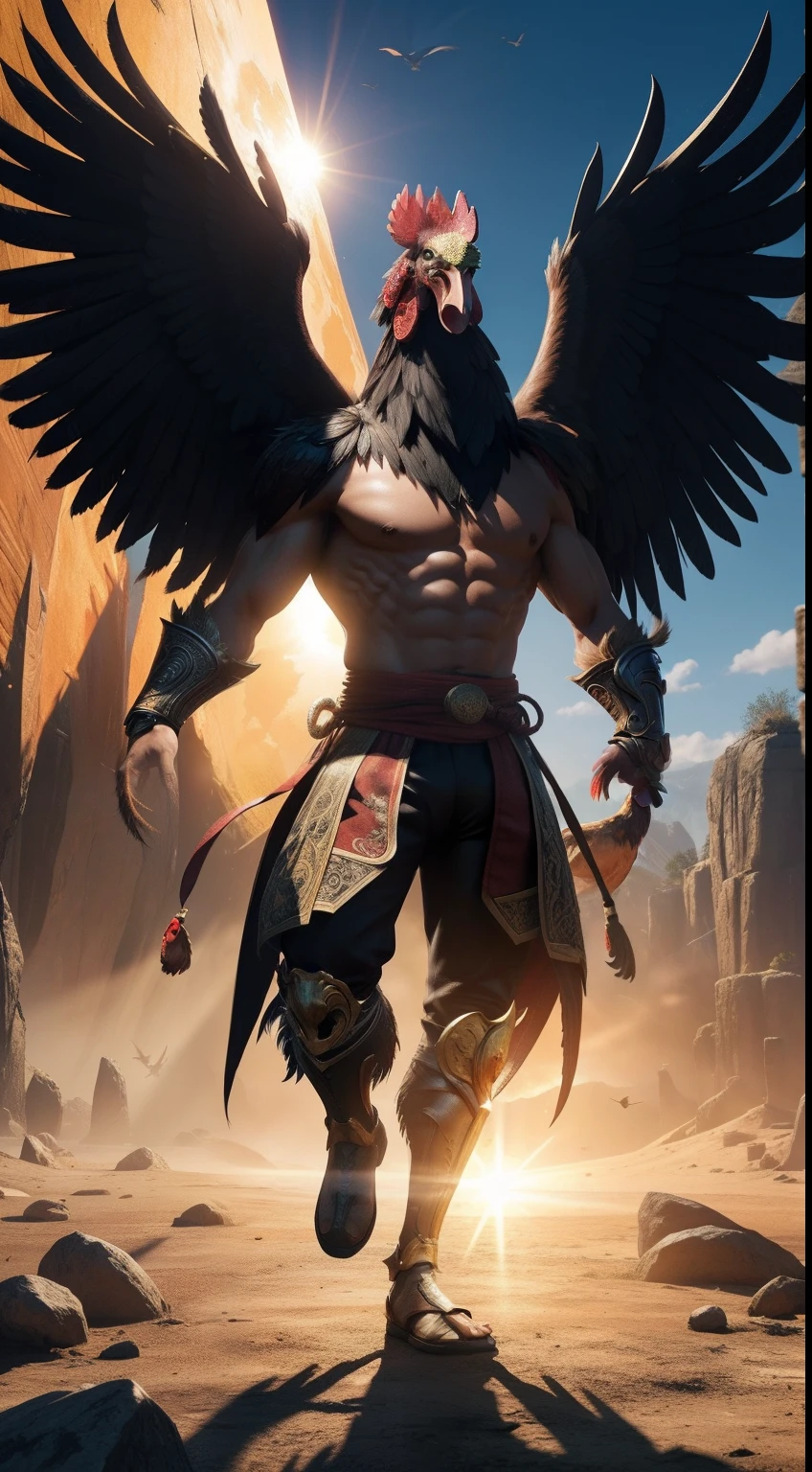 human body, rooster head, full body, mortal kombat style, shinning sun background, Animal Anthropomorphism, realistic digital, humanoid, abstract background, global illumination, intricate, epic, dramatic, masterpiece, high detail, best quality, ultra high res