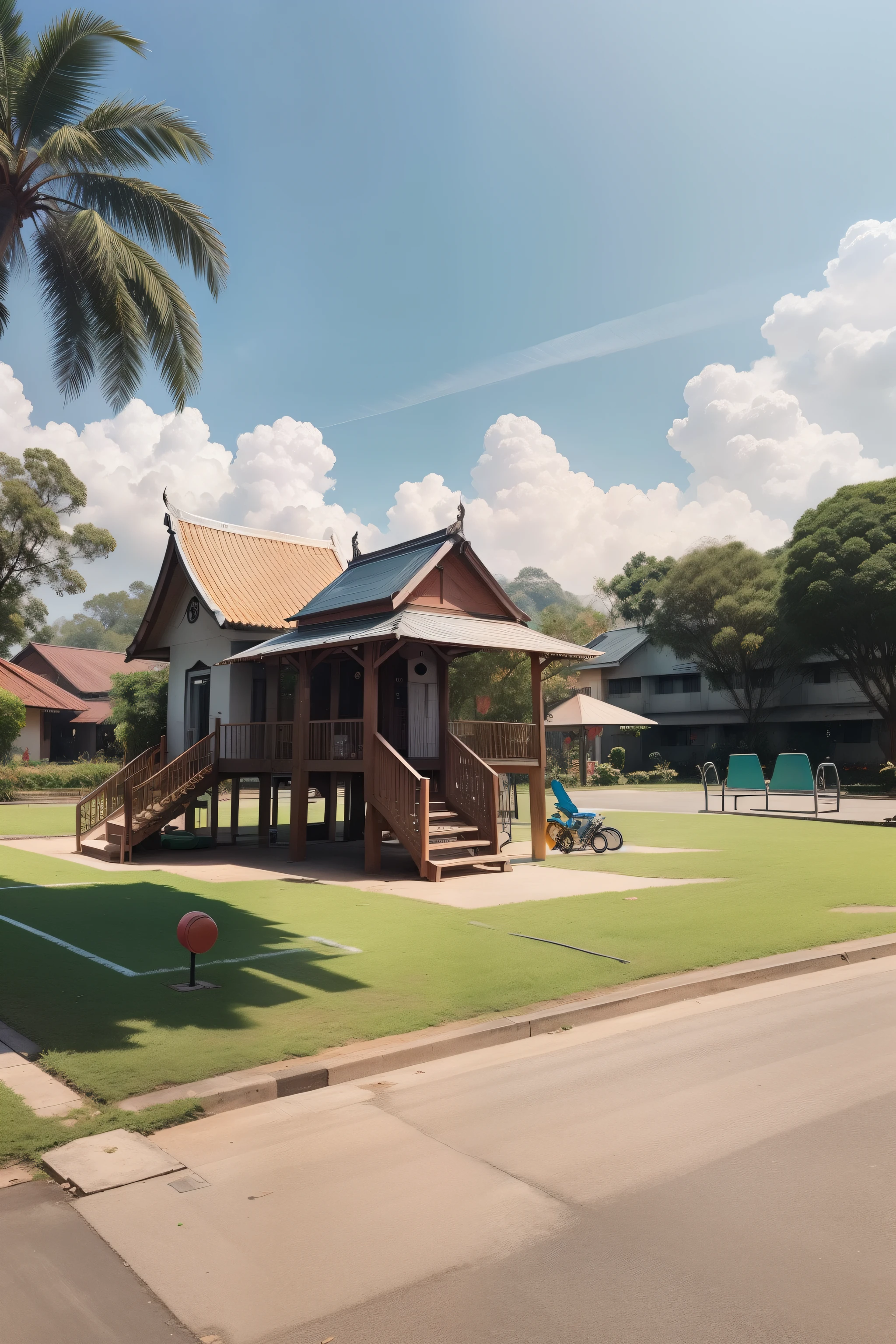Please draw a picture of the Vietnam smart playground,There are cameras around the playground,There is a security surveillance camera on the right side of the picture