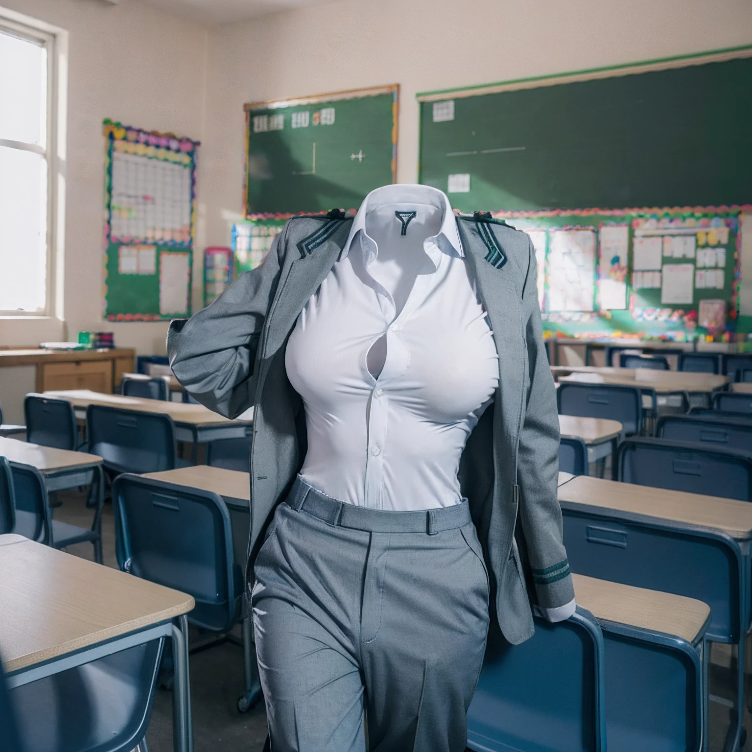 (school uniform in classroom:1.9) , (school pants swells as if worn by invisible girl:1.9), (in the closet), ((invisible, no humans:1.7, headless:1.7, handless, legless)), (big breasts:1.8)
(8k, RAW photo, best quality, masterpiece:1.2), (realistic, photo-realistic:1.37),photon mapping, radiosity, ((Hasselblad photography)),physically-based rendering,