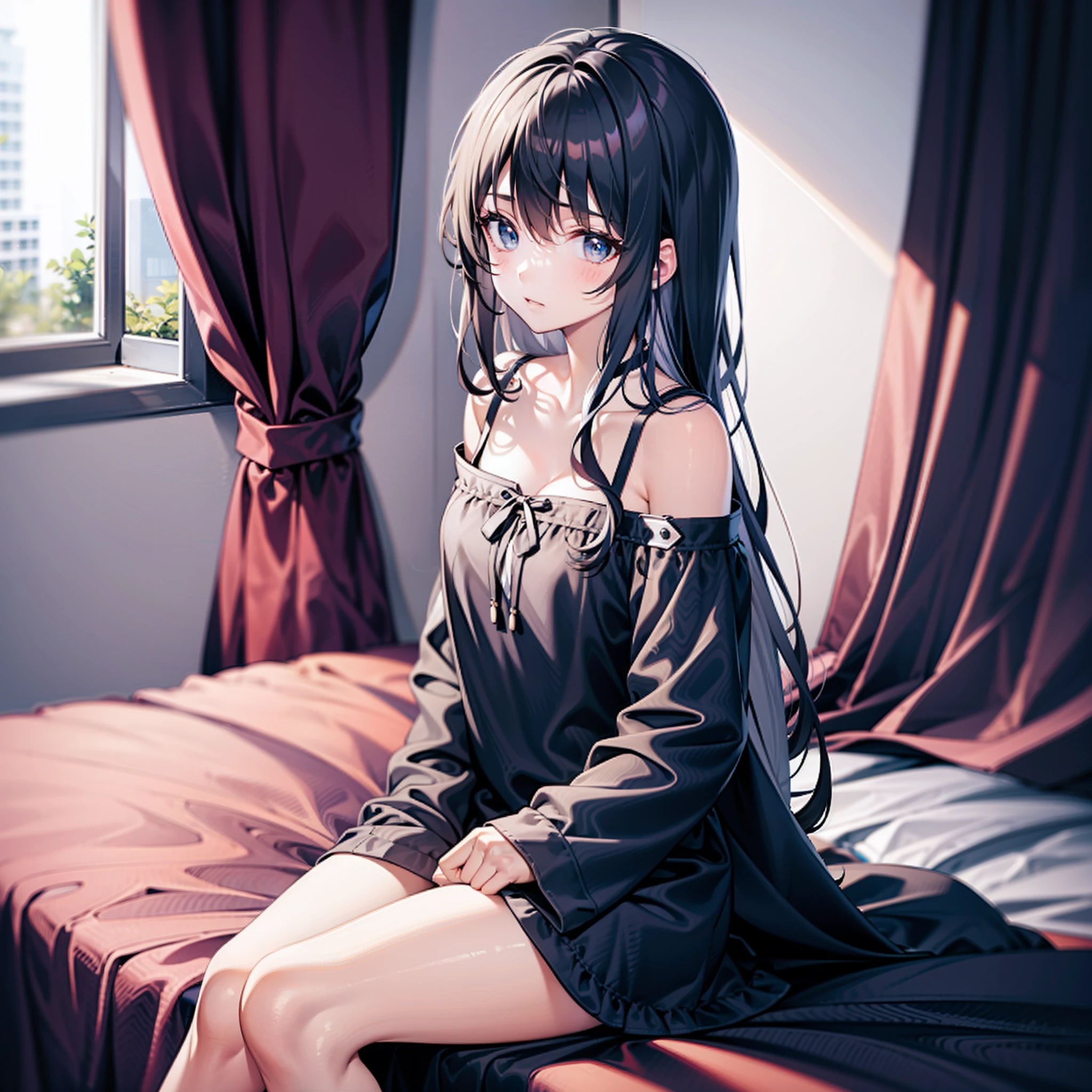 (1) A woman stands with her skirt rolled up, Exposed black lace panties.
(2) She is wearing a V-neck knit and a long skirt.
(3) her hair is long black.
(4) The facial expression is a bewitching and provocative smile.
(5) The location is the living room of the apartment at night..