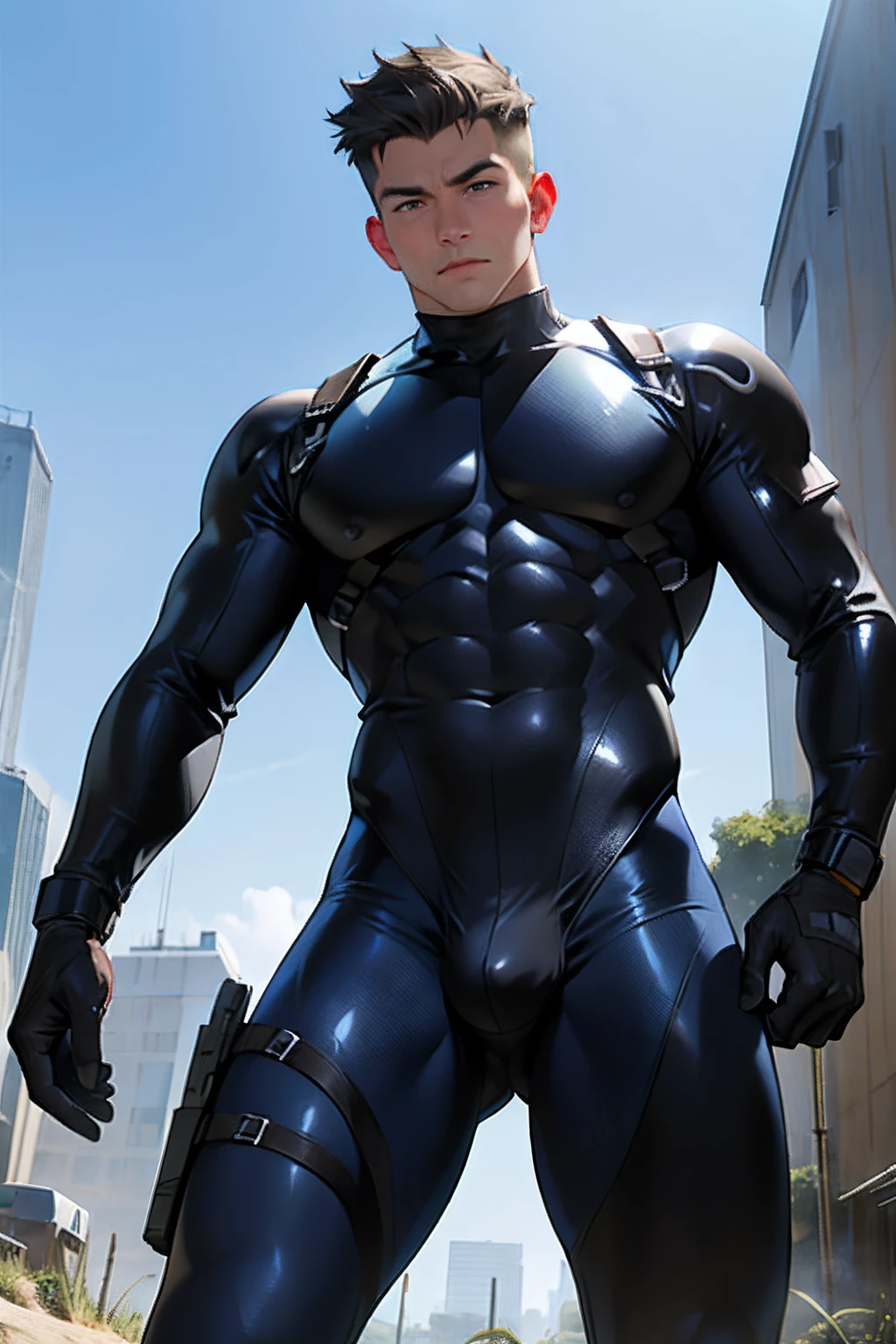 ((Best Quality, 8K, ultra-detailed, Masterpiece: 1.3)), 1boy, shiny skin, sharp, Perfect Body Beauty, realistic shaded perfect body, (cute :1.1),("bodysuit,bare chest, big bulge ":1.2),("leggins , armor":1.1),("glove, armor":1.1 ),(techwear)(dynamic pose:1.1), thigh , battle field , (bulge focus:1.2)