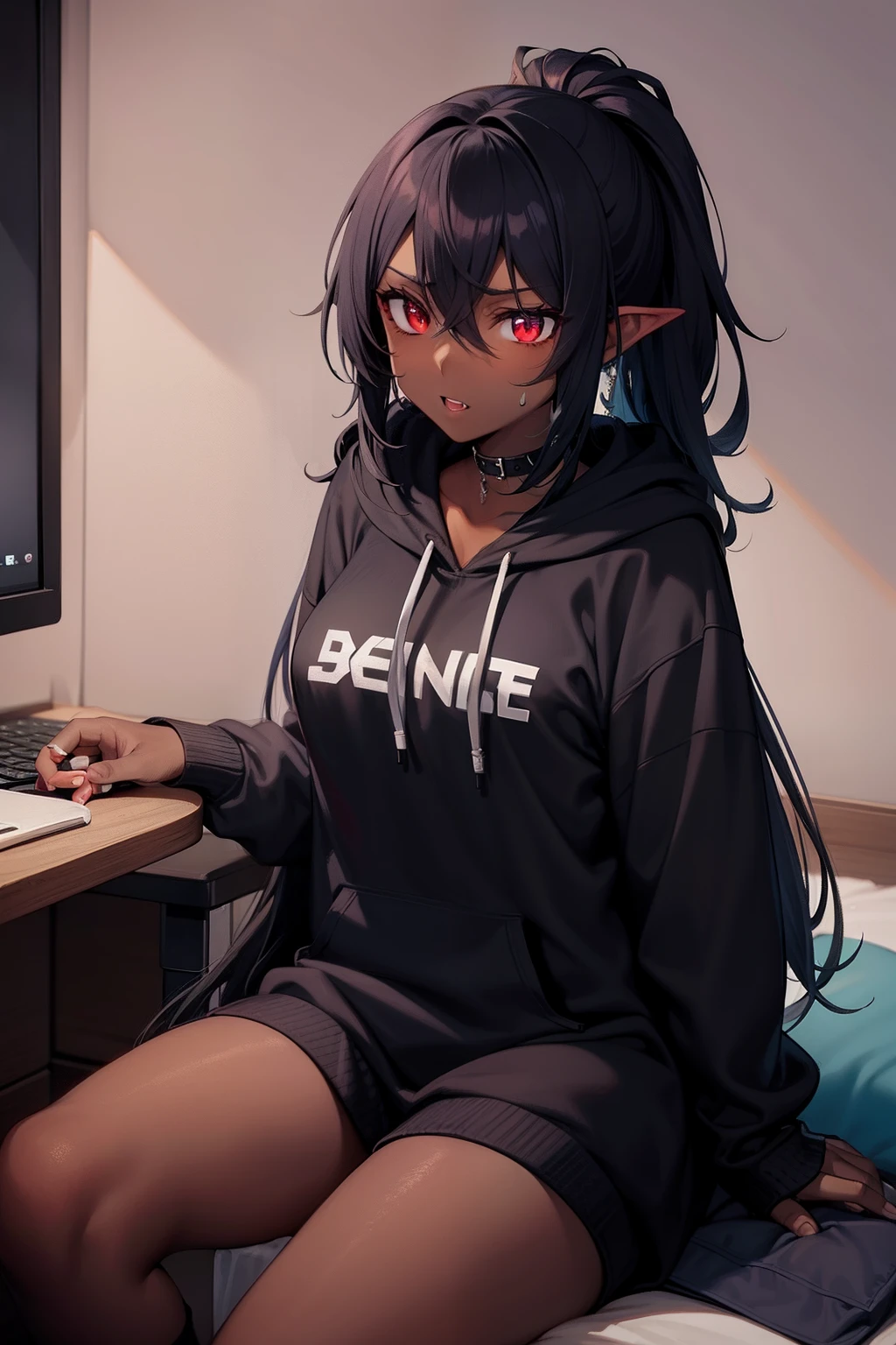 Dark Skin, vampire, gamer girl, sweatpants, hoodie, rage, sitting in dark room
