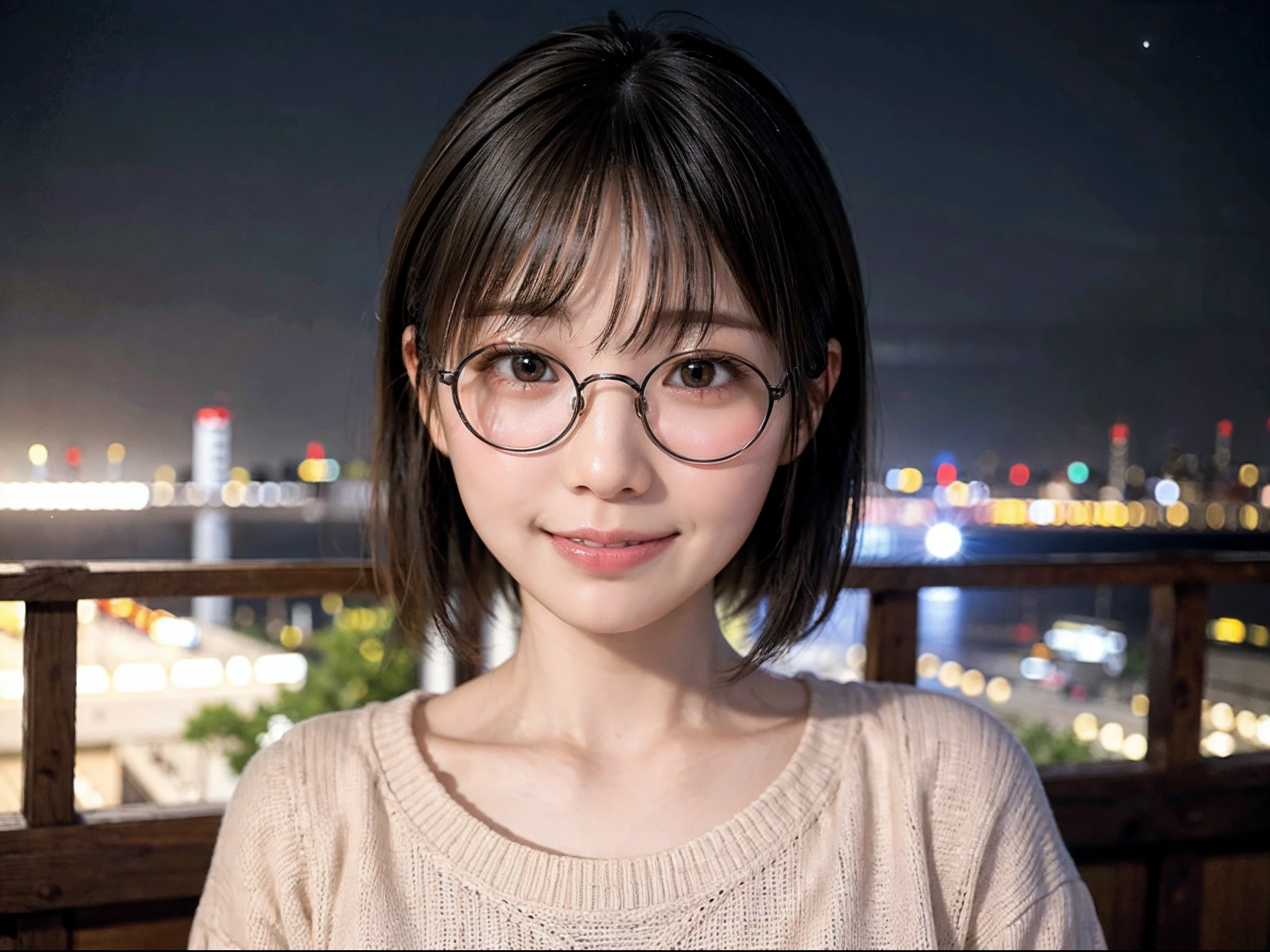 Japan girls in casual clothes、Watch your audience、Tokyo cityscape at night、(top-quality、Master masterpiece)))、HD fine、ighly detailed、Master masterpiece、电影灯光、(8K、top-quality、Master masterpiece:1.2)、(realisitic、Photorealsitic:1.37) Hi-Res、Super Detail、Woman with glasses、Silent look、Round glasses、Asian, cute little, Cute face, Solo, Short hair 1.2, Textured skin, Beautiful smile, Beautiful detailed night sky, night landscape, 电影灯光, depth of fields, Lens flare light、Dating、(blush nose)、、(Mouth closed)tiny chest、Beautiful eye for detail、(Sweaters:1.1)、(Short hair:1.2)、Floating hair Nova frog style、