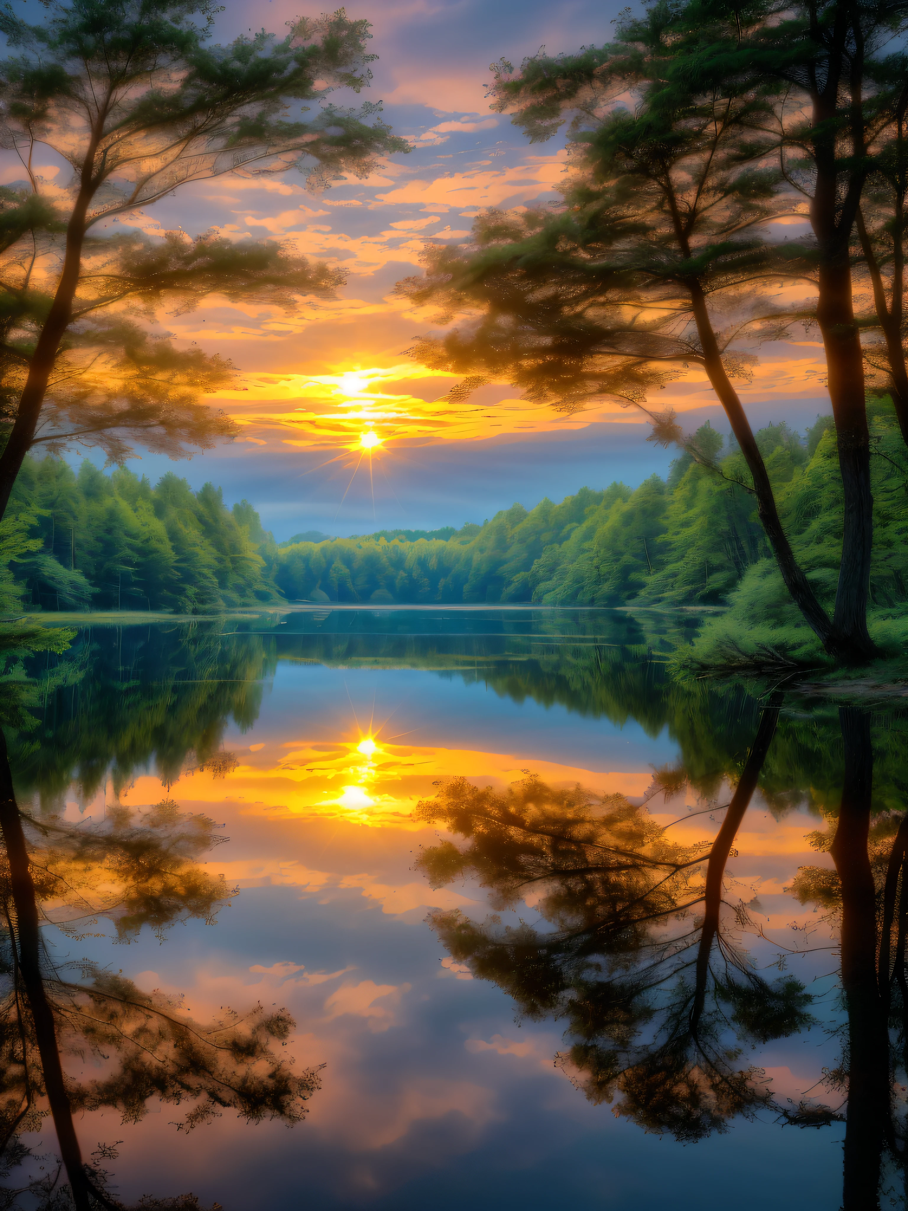 Wallpaper, summer, lake, dawn, forest, clouds, dawn background, depth of field, HD detail, hyperdetail, cinematic, soft light, deep field focus bokeh, ray tracing, diffuse (ultra-fine glass reflection) and realism. --v6
