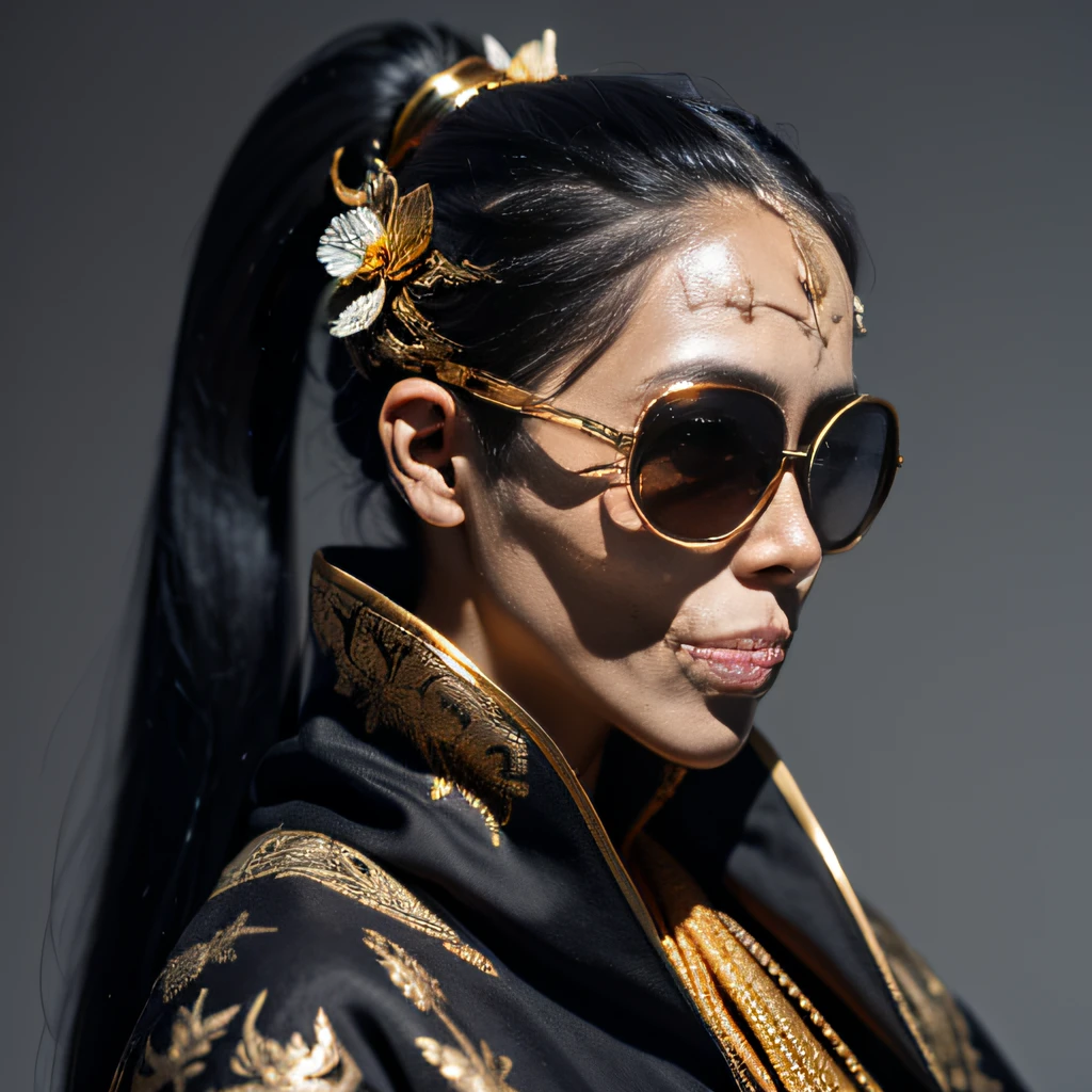 ponds，32K（tmasterpiece，k hd，hyper HD，32K）Burgundy double ponytail，flower stick，Indigo Skull King ，Hold the heavy wooden steering wheel （The skeleton is realistic：1.4），Python pattern robe，Rusty skull ornaments，Sargin linen cloak，Petals flutter，Deep gold sunglasses，Hold your head high，Be proud，The nostrils look at people，A  and secondah resolution，Xueba， the detail， RAW photogr， Sharp Re， Nikon D850 Film Stock Photo by Jefferies Lee 4 Kodak Portra 400 Camera F1.6 shots, Rich colors, ultra-realistic vivid textures, Dramatic lighting, Unreal Engine Art Station Trend, cinestir 800，Hold your head high，Lateral face，Be proud，The nostrils look at people，Tsundere，Petals flutter，Petals flutter，Sprinkle with gold dust，Fluttering，Impeccable，( reasonable design, Clear lines, High sharpness,Best quality, Very detailed skeleton, The skeleton of a masterpiece, offcial art, movie light effect, 8K skeleton（（（Platinum marble sunglasses）））Deep gold sunglasses，Side portrait