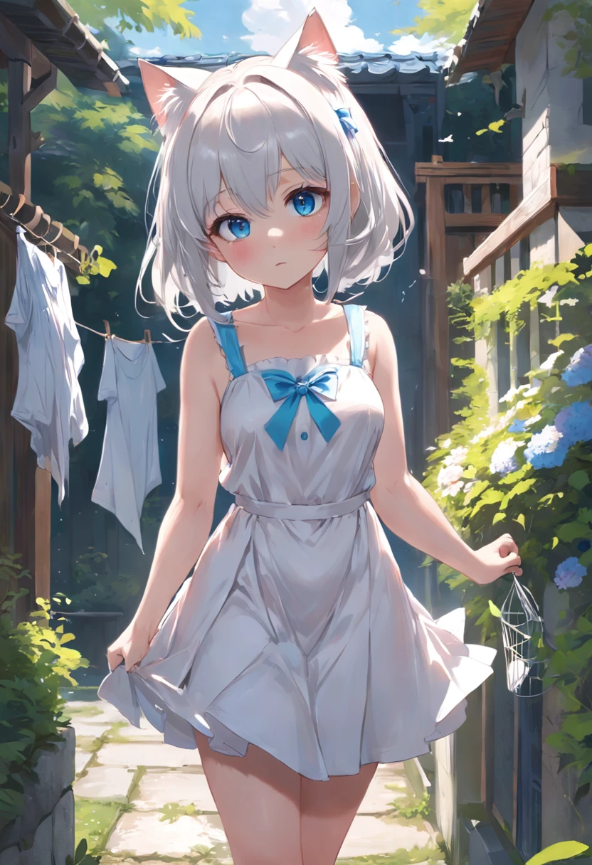 Cat-eared girl in white dress standing in garden, BREAK，silber hair，blue eyes，(((Sleeveless)))，Hang the laundry to dry，Holding a laundry basket with clothes，loli in dress, ??????????? loli, artwork in the style of guweiz, guweiz on pixiv artstation, guweiz on artstation pixiv, guweiz, small loli girl, soft anime illustration, Anime visuals of cute girls, Detailed Digital Anime Art