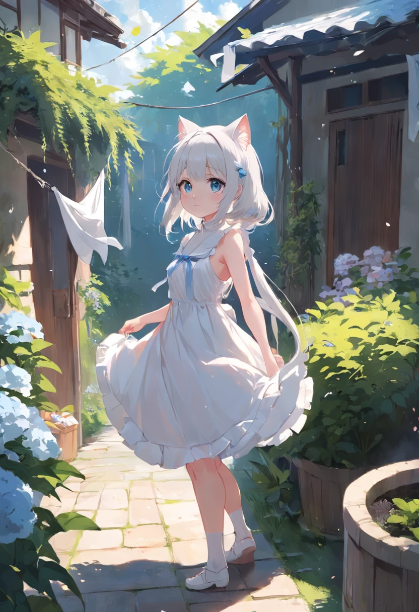Cat-eared girl in white dress standing in garden, BREAK,silber hair,blue eyes,(((Sleeveless))),Hang the laundry to dry,Holding a laundry basket with clothes,loli in dress, small curvy loli, artwork in the style of guweiz, guweiz on pixiv artstation, guweiz on artstation pixiv, guweiz, small li girl, soft anime illustration, Anime visuals of cute girls, Detailed Digital Anime Art