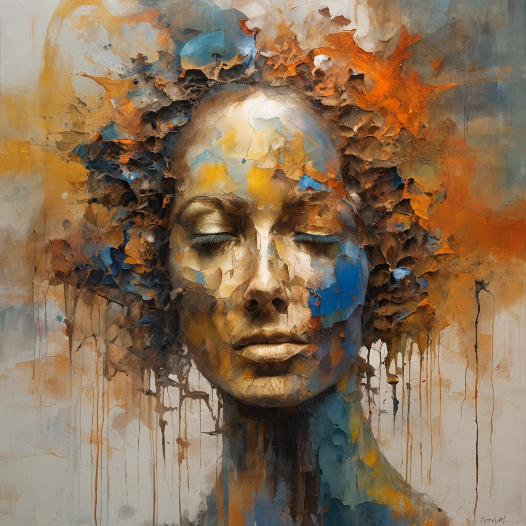 3d puzle , staring beauty woman , redhead, Ogive explosive, Machine parts embedded in the face, Dramatic artwork, photomanipulation, Manipulation de photos, Disintegration,, explosion of data fragments, tinnitus, official artwork, incredibly high detailed, Photoshop Art, effet de bruit, dark blue