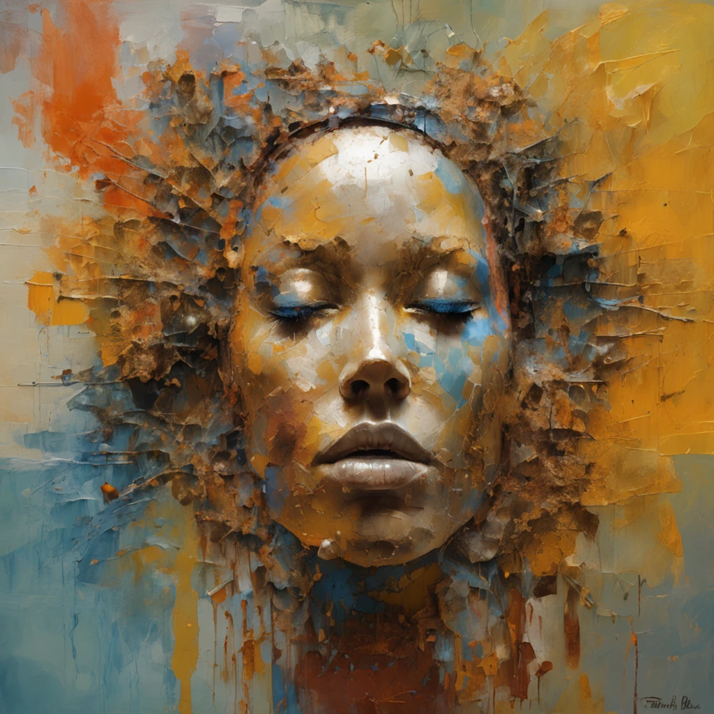 3d puzle , staring beauty woman , redhead, Ogive explosive, Machine parts embedded in the face, Dramatic artwork, photomanipulation, Manipulation de photos, Disintegration,, explosion of data fragments, tinnitus, official artwork, incredibly high detailed, Photoshop Art, effet de bruit, dark blue